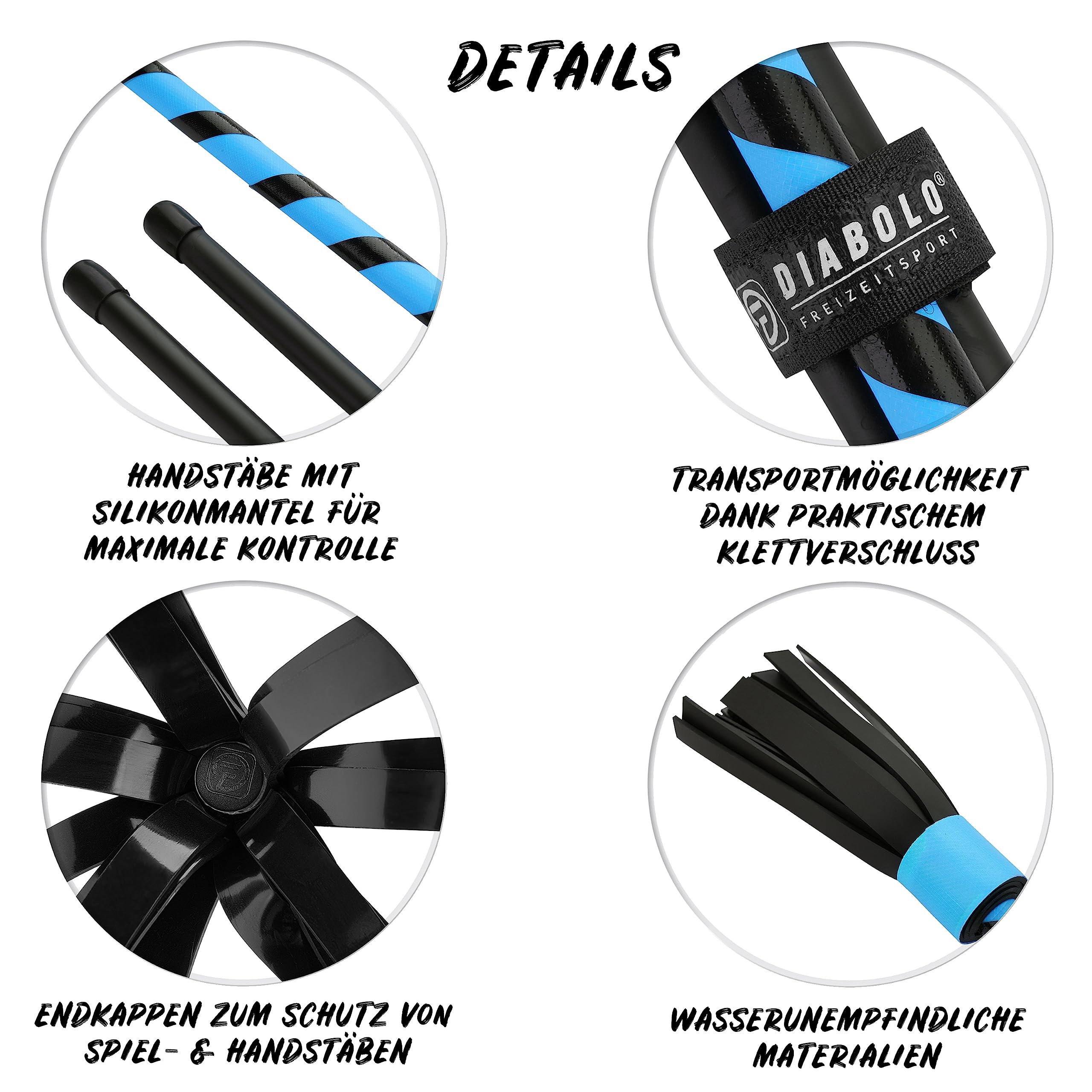 Diabolo Freizeitsport Flowerstick Basic (türkis) - UV reaktiver Flower Stick mit Zwei Glasfaser Handstäben, Hingucker auf Festivals, für Anfänger