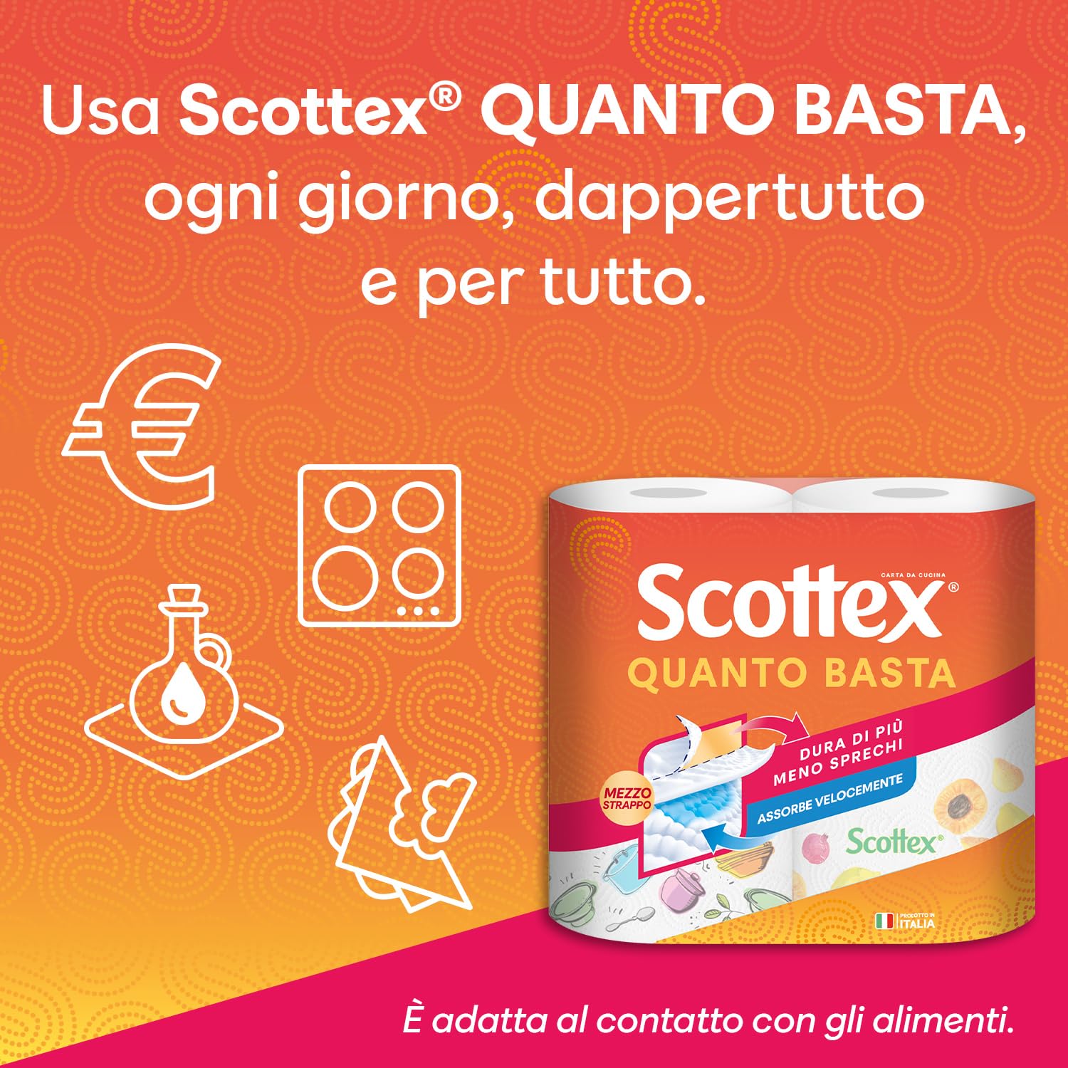 Scottex Quanto Basta, Carta Cucina, Opzione Mezzo Strappo, Con Carta certificata FSC, Confezione da 24 Maxi Rotoli