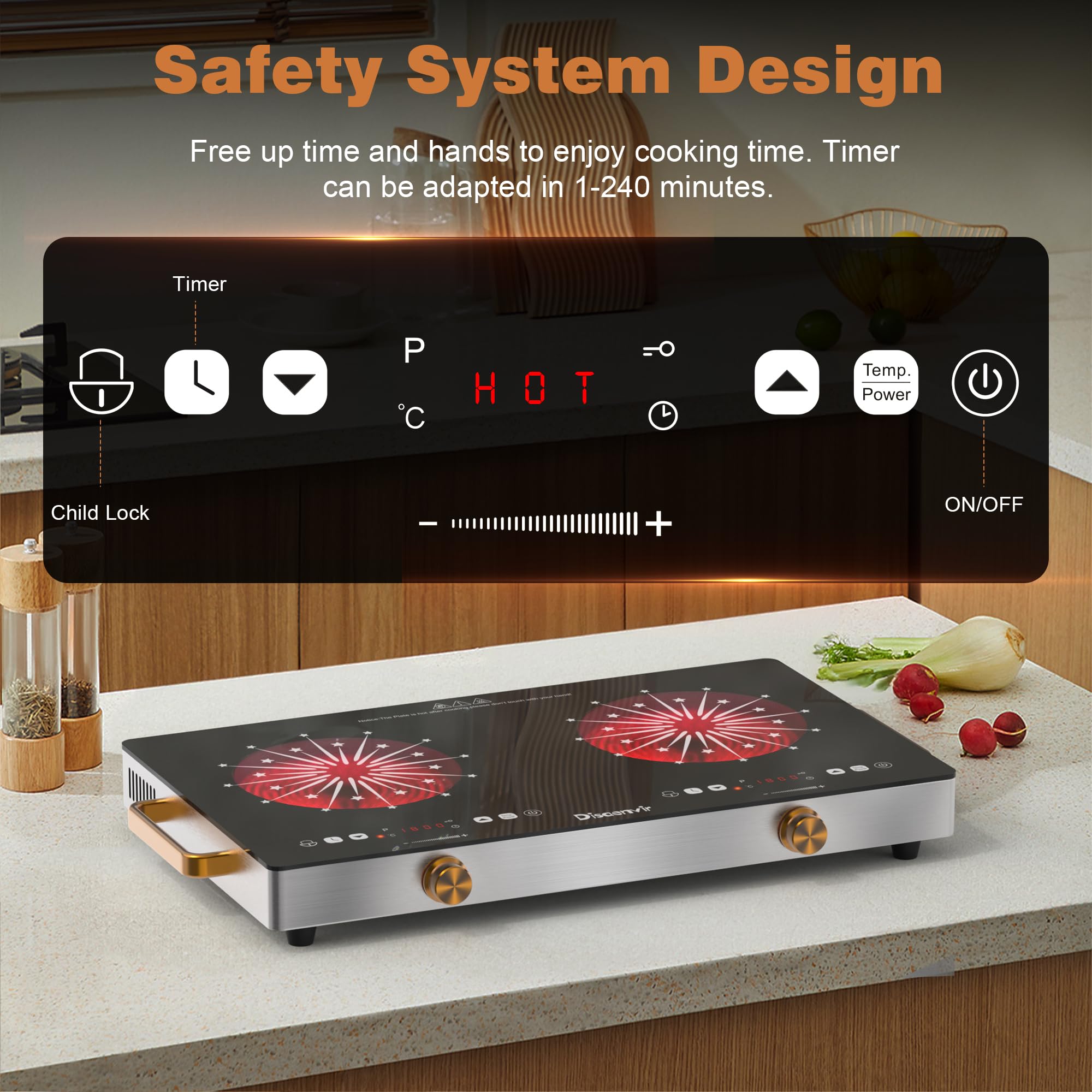 Estufa eléctrica de 2 quemadores de 110 V - 24 pulgadas con asas de 2000 W, quemador de cerámica de dos quemadores con pantalla táctil LCD y control de perilla, temporizador, bloqueo de 4