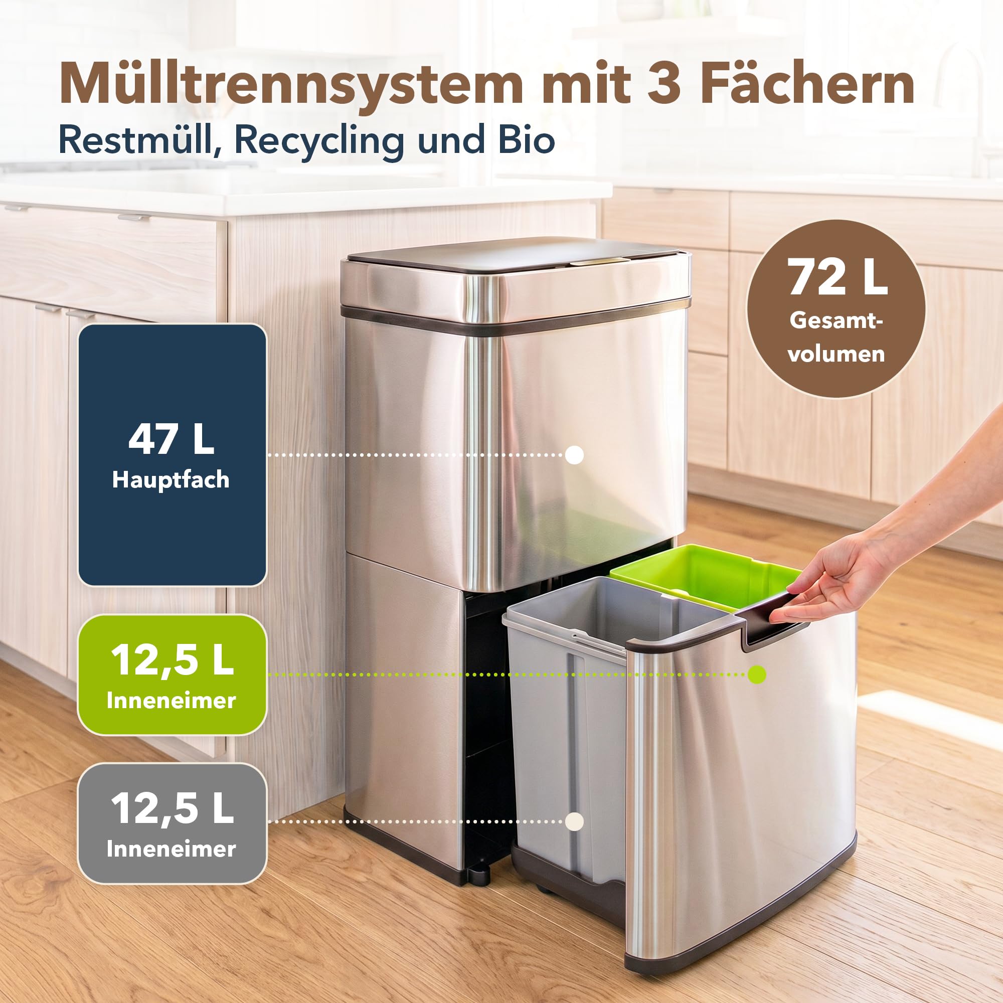 ledscom.de SORTA Sensor Mülleimer 72L, 3-Fächer Mülltrennsystem | Edelstahl, 3 Kammern: 47 L + 2×12,5 L, berührungslos, 5 Sek.-Auto-Close, herausnehmbare Inneneimer, 42 × 31,5 × 82,5 cm