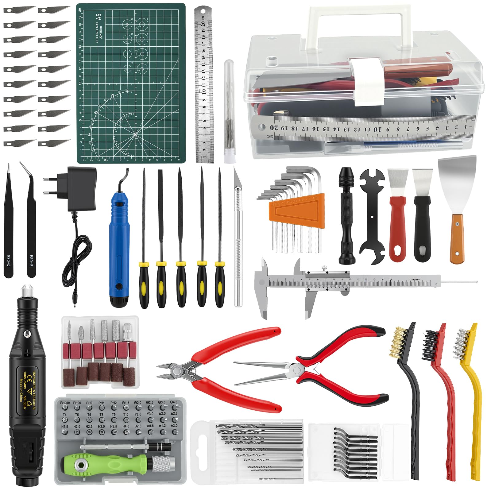 Kit d'Outils pour Imprimante 3D,Set de Post-Traitement et d'entretien avec Polisseur Électrique,Set de Nettoyage de Buse,Outil Ébavureur,Outils de Décollage pour Toutes Les Imprimantes 3D(136 Pièces)