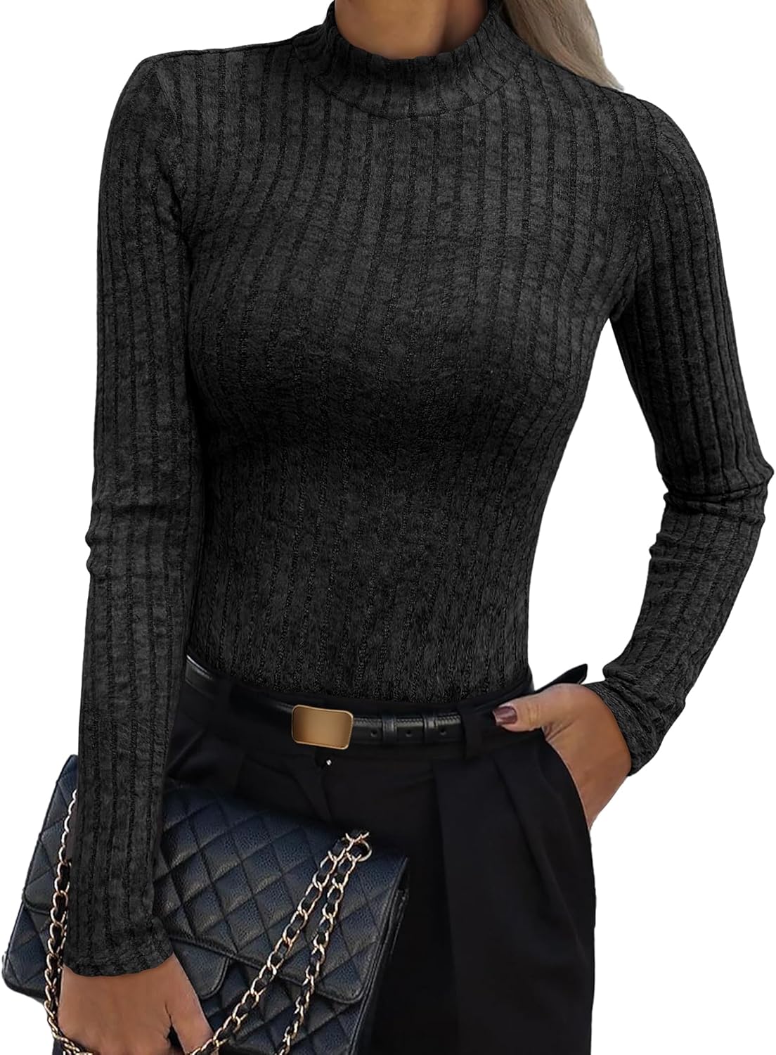 ANRABESS Women's Long Sleeve Tops Mock Neck Ribbed Knit Slim Fit Pleated Basic T Shirts Lightweight Sweater Going Out Clothes