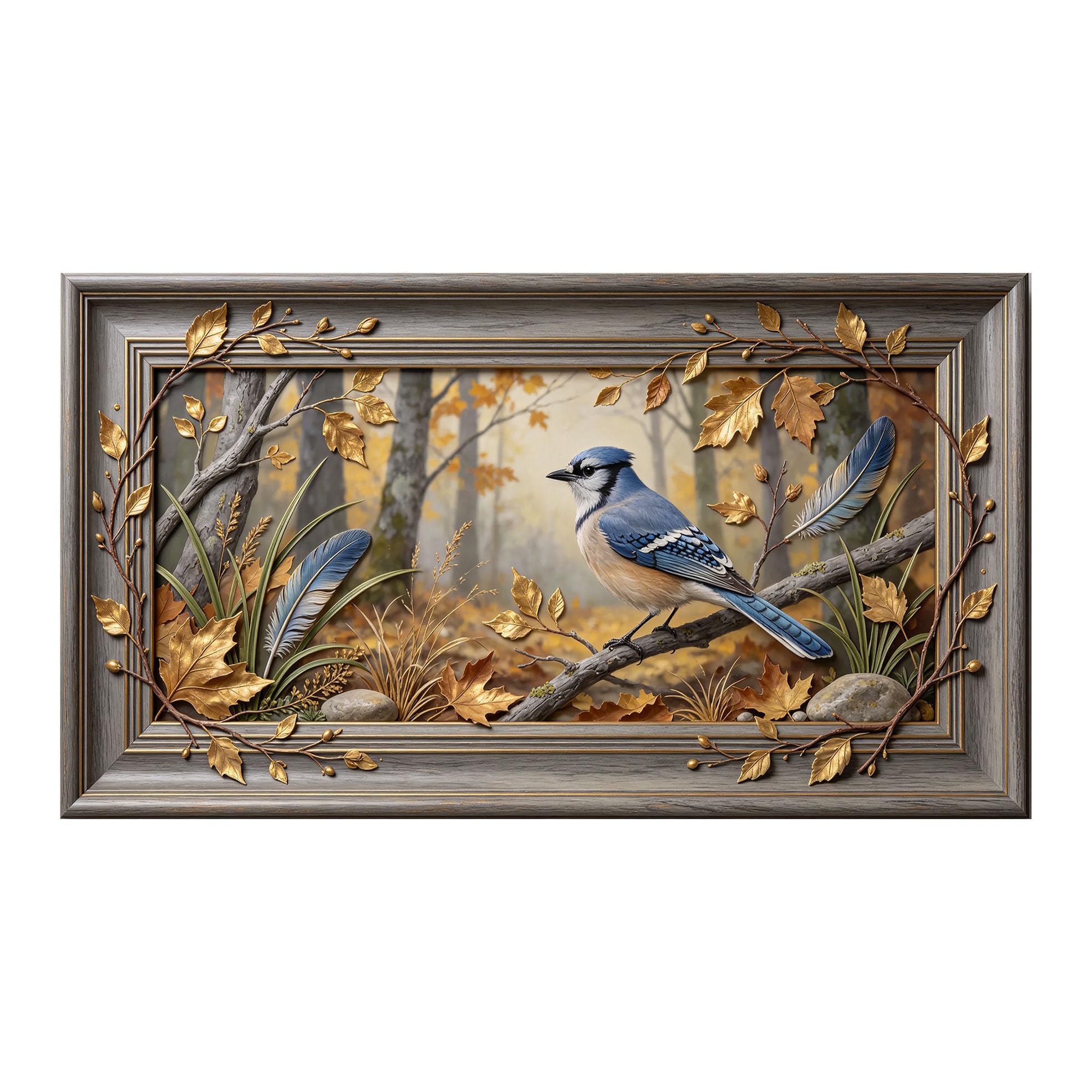 Yzpallescene 3D 3D Framed Wall Art 50cm×90cm Blue Jay Autumn Forest Landscape Realistic Oil Painting Large Size SelfAdhesive Removable Wall Decor Prints Artwork for Living Room Bedroom Office
