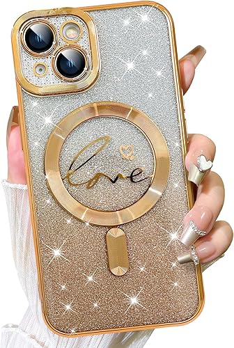 Vista 420 de Fiyart - Funda transparente magnética con purpurina para iPhone 12 para mujeres, con grabado "Love" metálico, protección para cámara y antigolpes