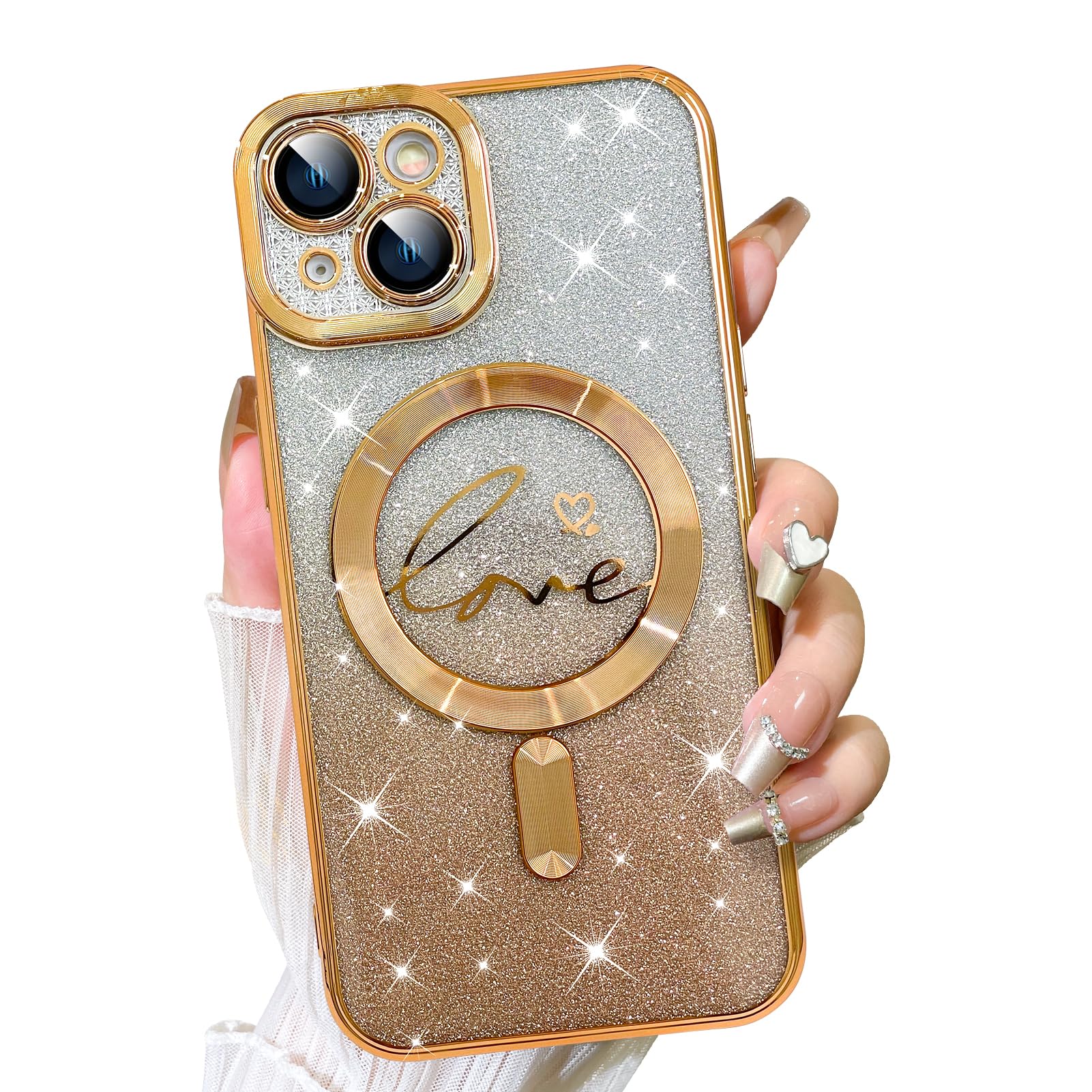 Fiyart Designed for iPhone 14 Plus Case,Compatible with MagSafe Love Heart Plating Camera Protection TPU Magnetic Glitter for Women Girls Shockproof