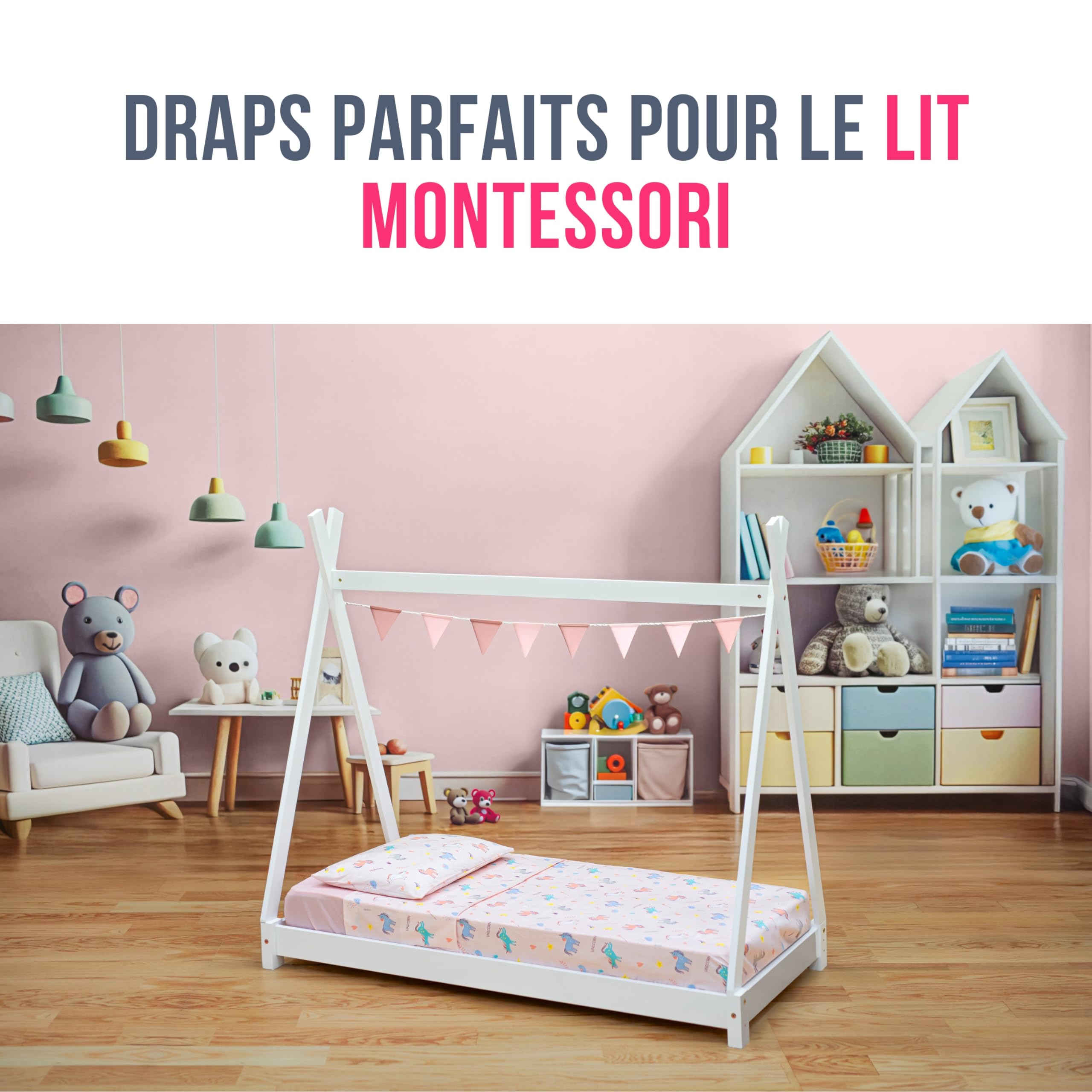 GOYSILA Parure de Lit Montessori 70x140 cm 3 Pièces 100% Coton Oeko-TEX Motif Licorne | Drap Housse Drap de Dessus Taie d'oreiller | Linge de Lit Bébé Fille Respirant Douceur Chambre Enfant Rose