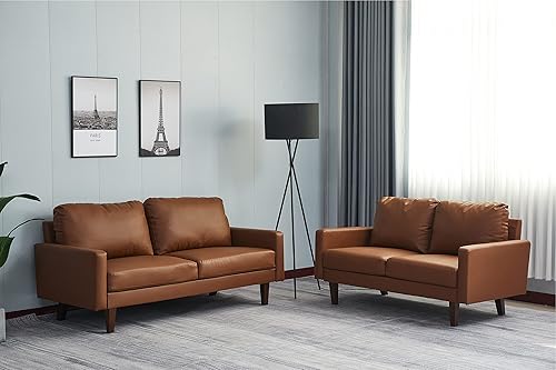 Miniatura 7 de INSTORY Sofá de cuero Sofá moderno con patas de madera para sala de estar, oficina - marrón