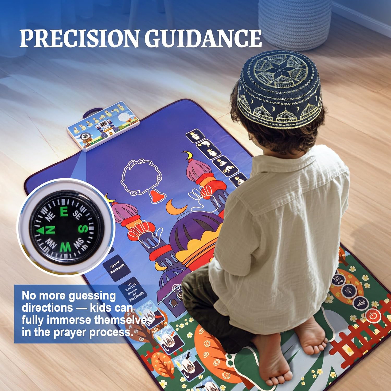 Foldable Smart Electronic Pr/ayer Mat for Kids, Interactive Learning Rug with Voice Guidance and Compass for Easy Step-by-Step Learning