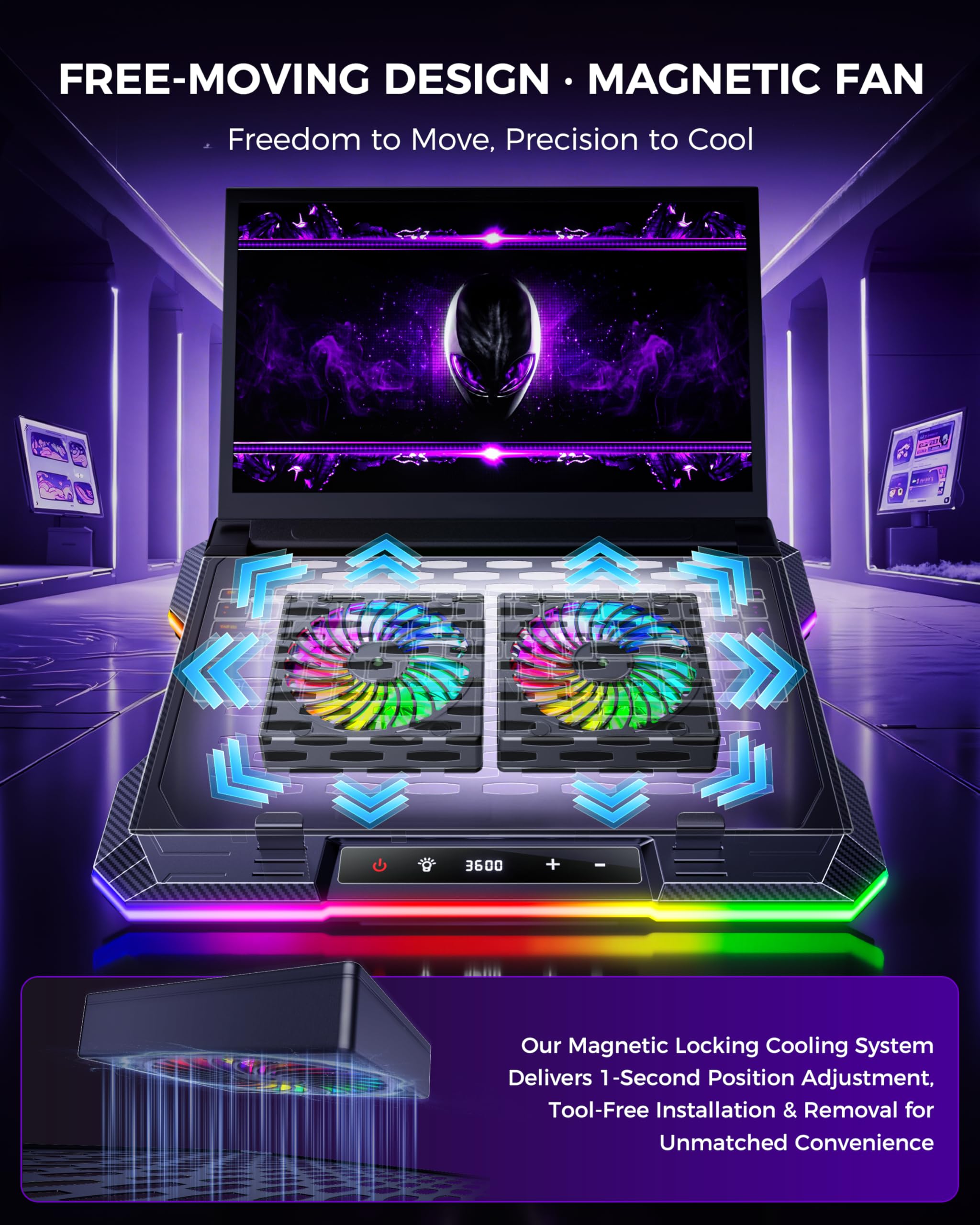 ChillCore 2 ventole staccabili RGB Gaming Laptop Cooling Pad, raffreddamento rapido per laptop da 15,6-49 cm, controllo della velocità variabile, 8 altezze regolabili - K6 RGB