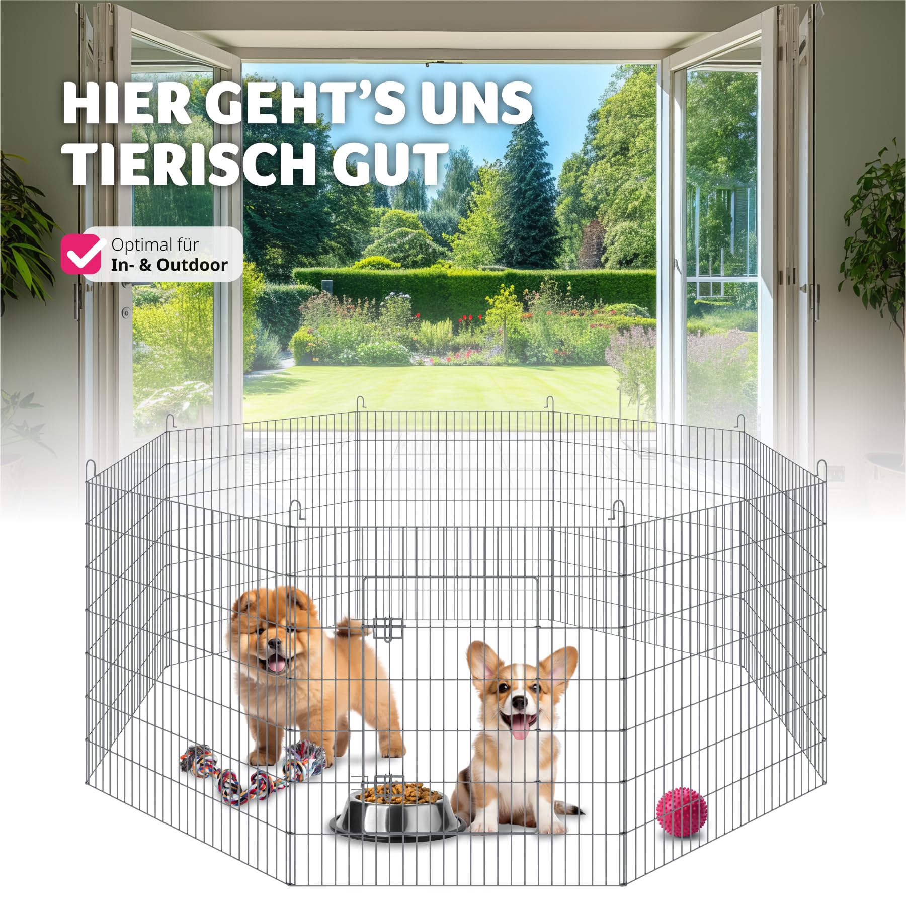 tectake® Freilaufgehege mit Sicherheitsnetz, Ø 204 cm, Welpenauslauf, Kleintierstall mit 8 Gitter, Kleintiergehege für Innen und Außen, Tierlaufstall mit Tür, Ideal für Kaninchen und Meerschweinchen