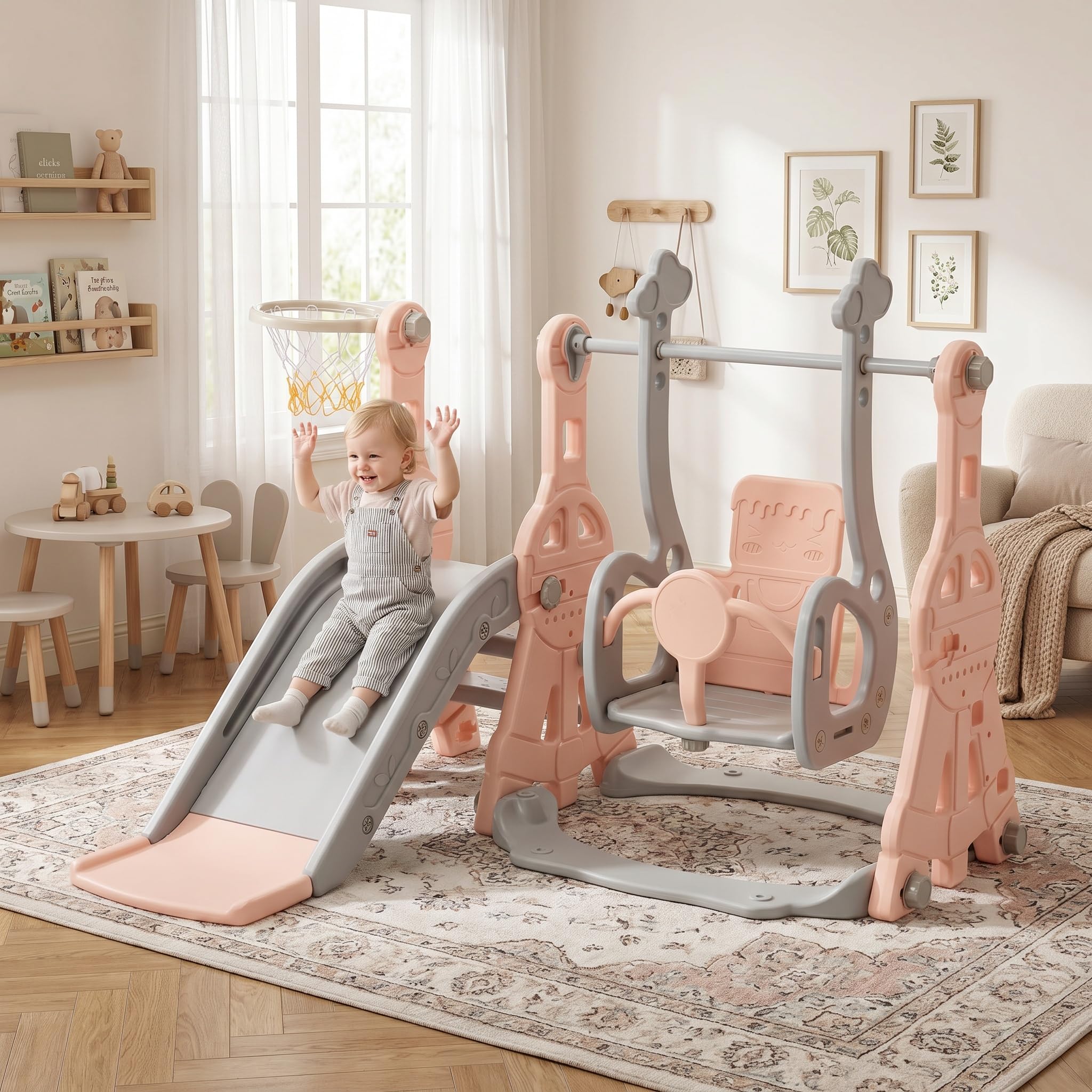 Toboggan Enfant 4 en 1,Toboggan Enfant avec Balançoire,Glissière de Jardin pour L'intérieur et L'extérieur,avec Échelle, Balançoire et Cadre de Basket - Ball, Rose