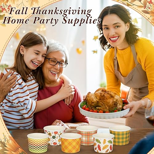 Miniatura 5 de Zhehao 300 cuencos de papel de otoño de 8 onzas desechables de Acción de Gracias, de calabaza, aperitivos, vintage, hojas de otoño, postres, dulces,