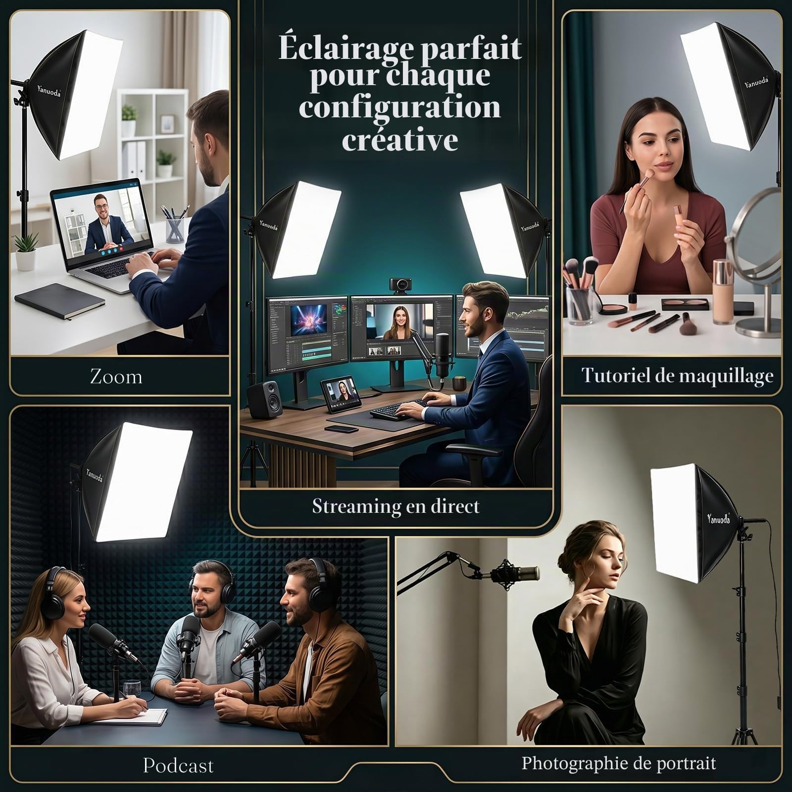 Kit éclairage Softbox Professionnel 40x40cm - Ampoule LED 95W (3000-7500K, E27) - Studio Photo Vidéo, Portrait, Streaming