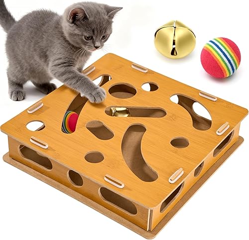 Juguete interactivo de madera para gatos con bola y campana, juguete de caza para interiores para estimular la energía y los instintos de tu gato,