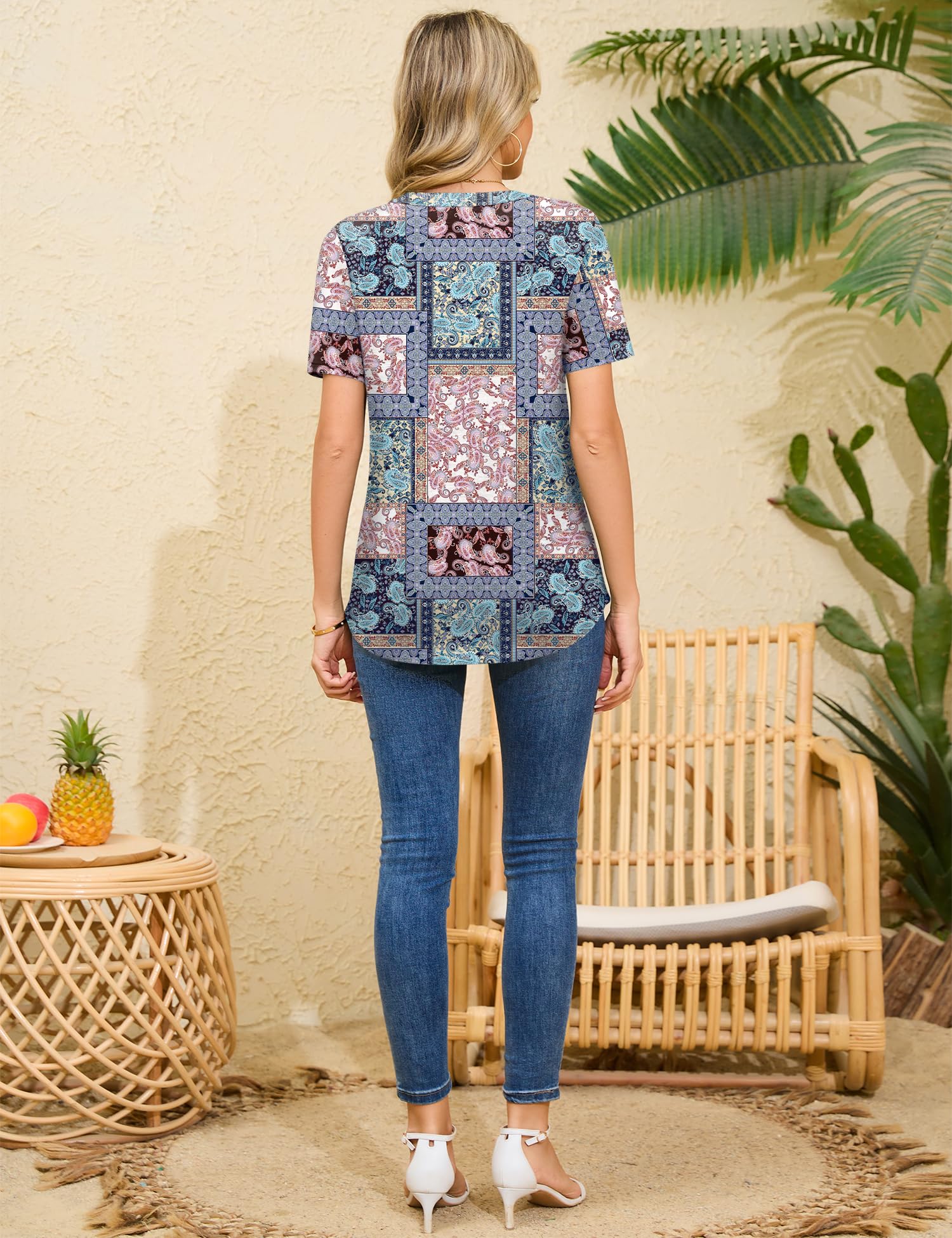 IECCP Bluse Damen Kurzarm Tunika V Ausschnitt Plissiert Oberteile Lässig Blumen T Shirt Sommer Top