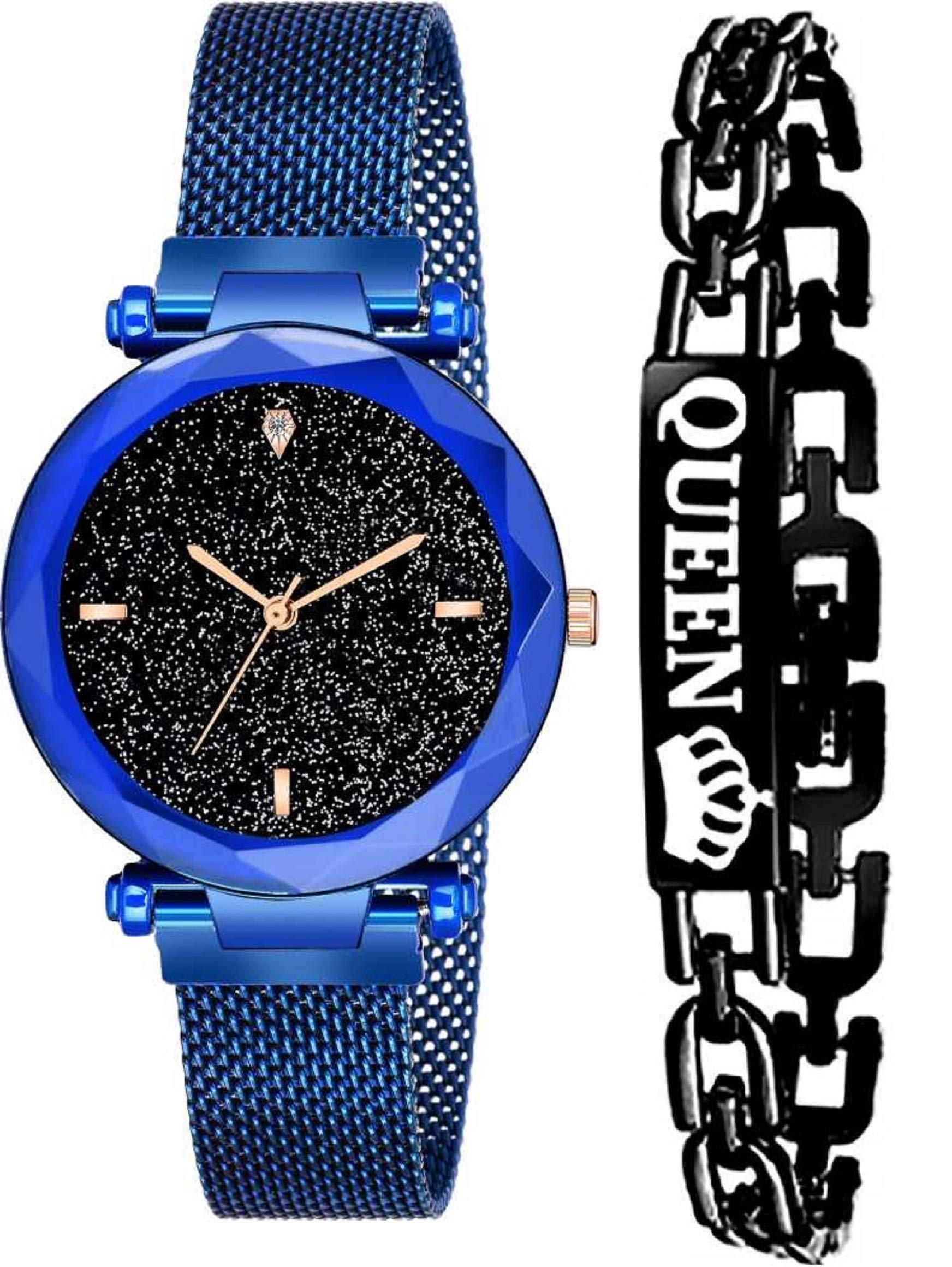 BID Hours 3,6,9 Represents Line and 12 Represent Diamond Blue 21st Century Magnet Analogue Women's Watch & Bracelets for Women and Girls (Blue)