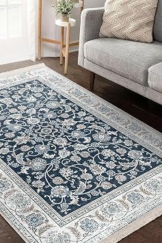 RealHomes Blue Floor Uşak Motif Antique Patterned Ethnic Motifs Vintage Living Room Non-Slip Base Fringed Carpet CarpetDik-Deluxe-11509, 160 x 230