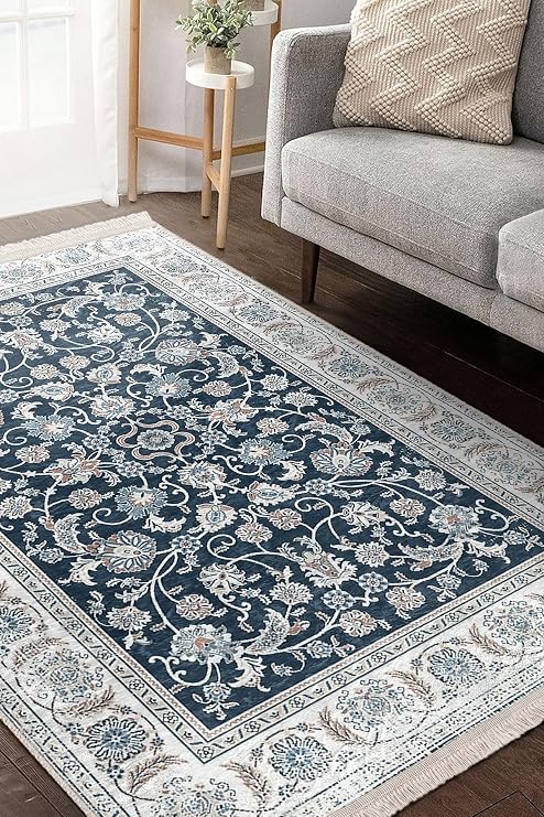 RealHomes Blue Floor Uşak Motif Antique Patterned Ethnic Motifs Vintage Living Room Non-Slip Base Fringed Carpet CarpetDik-Deluxe-11509, 160 x 230