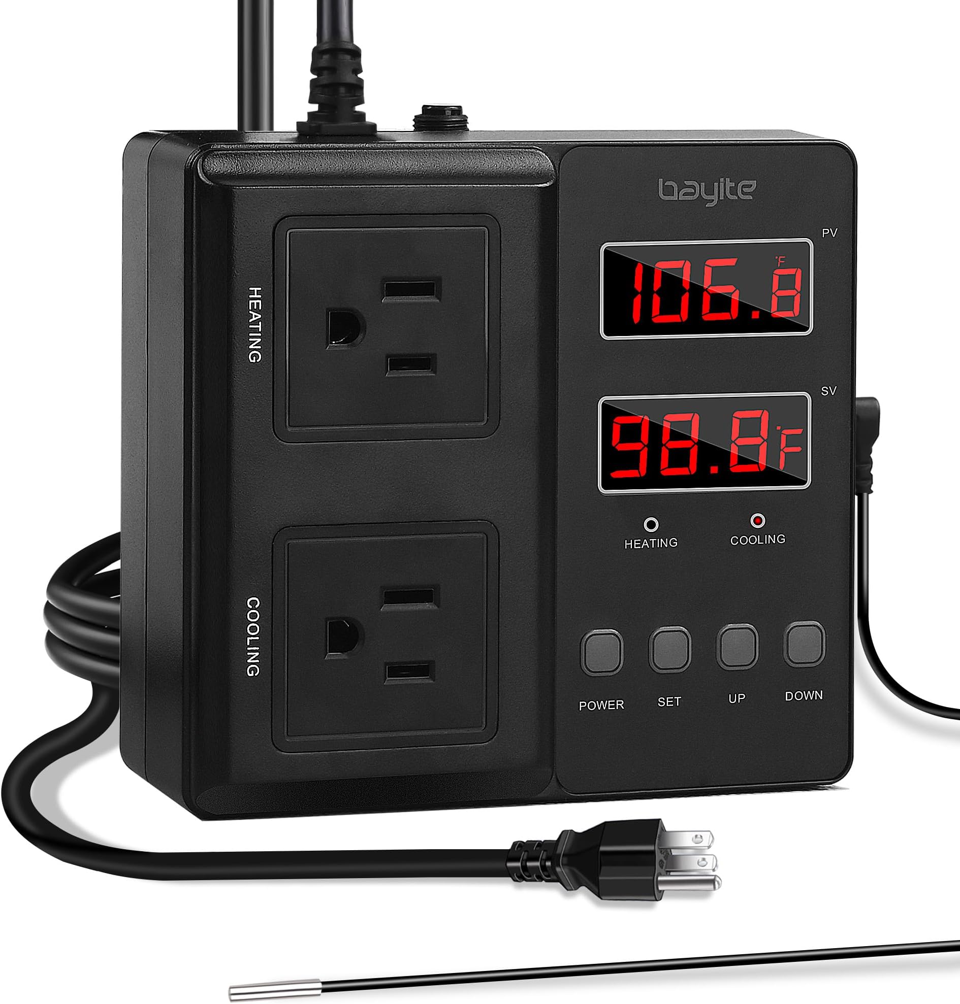 Temperature Controller 1650W 15A BTC211 Dual Digital Outlet Thermostat Plug, Pre-Wired, 2 Stage Heating and Cooling Mode, 110V - 240V, Fermentation BBQ Reptile Aquarium
