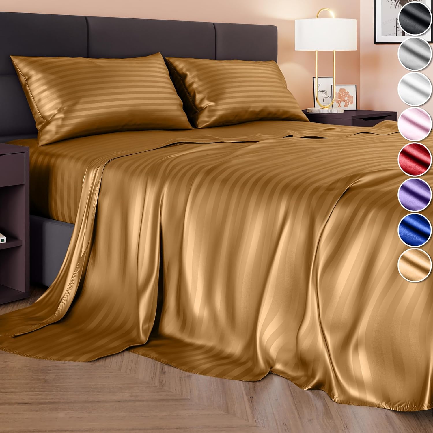 DECOLURE Striped Satin Sheet Queen Set 4pcs Luxurious Silk Feel