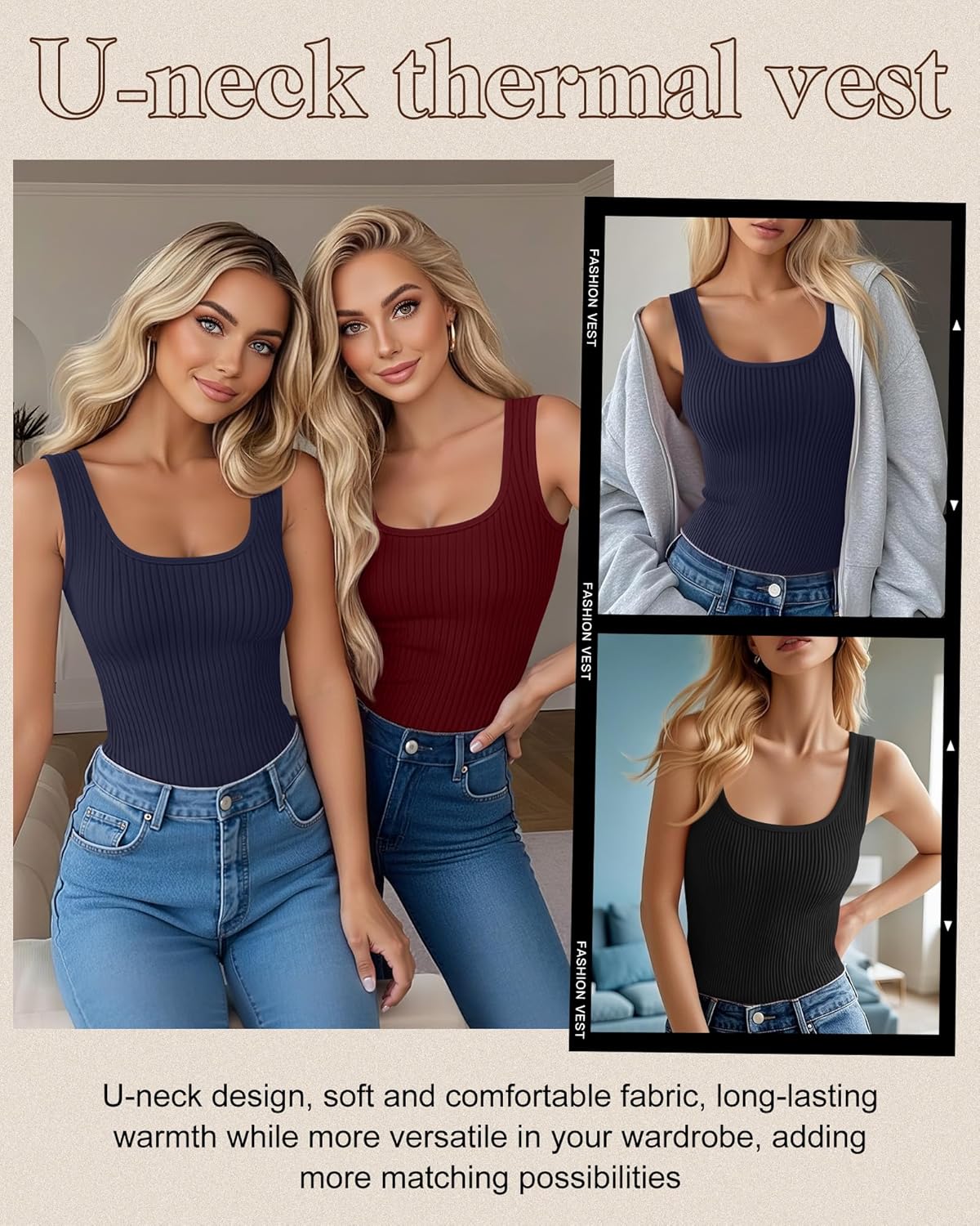 3 Pack Women's Thermal Tank Tops Ribbed Scoop Neck Cotton Sleeveless Undershirts Fleece Lined Camisole Base Layer - Image 2