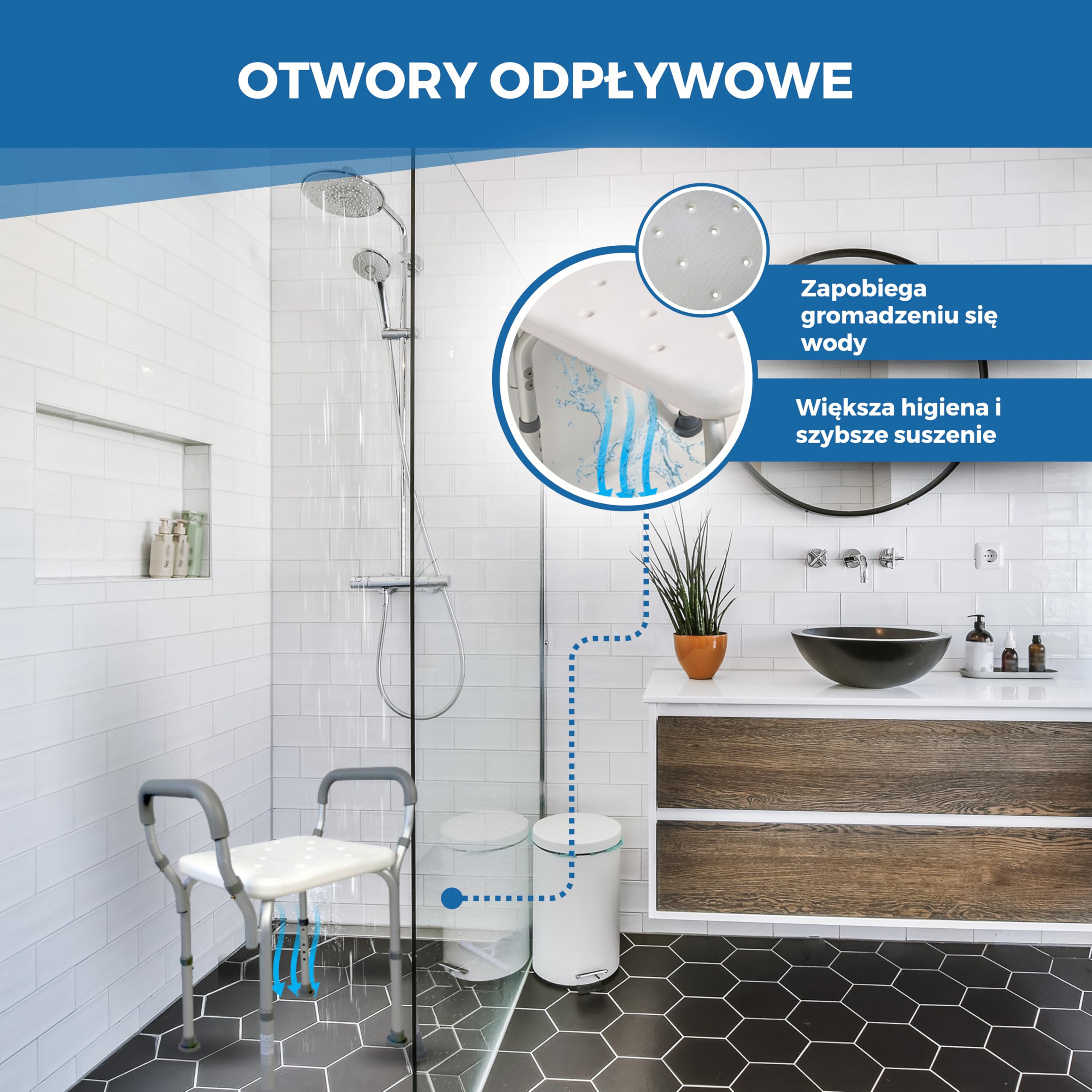 Mobiclinic stołek kąpielowy z regulacją wysokości, Wygodne wyściełane podłokietniki, Antypoślizgowe okucia, Model: acueducto