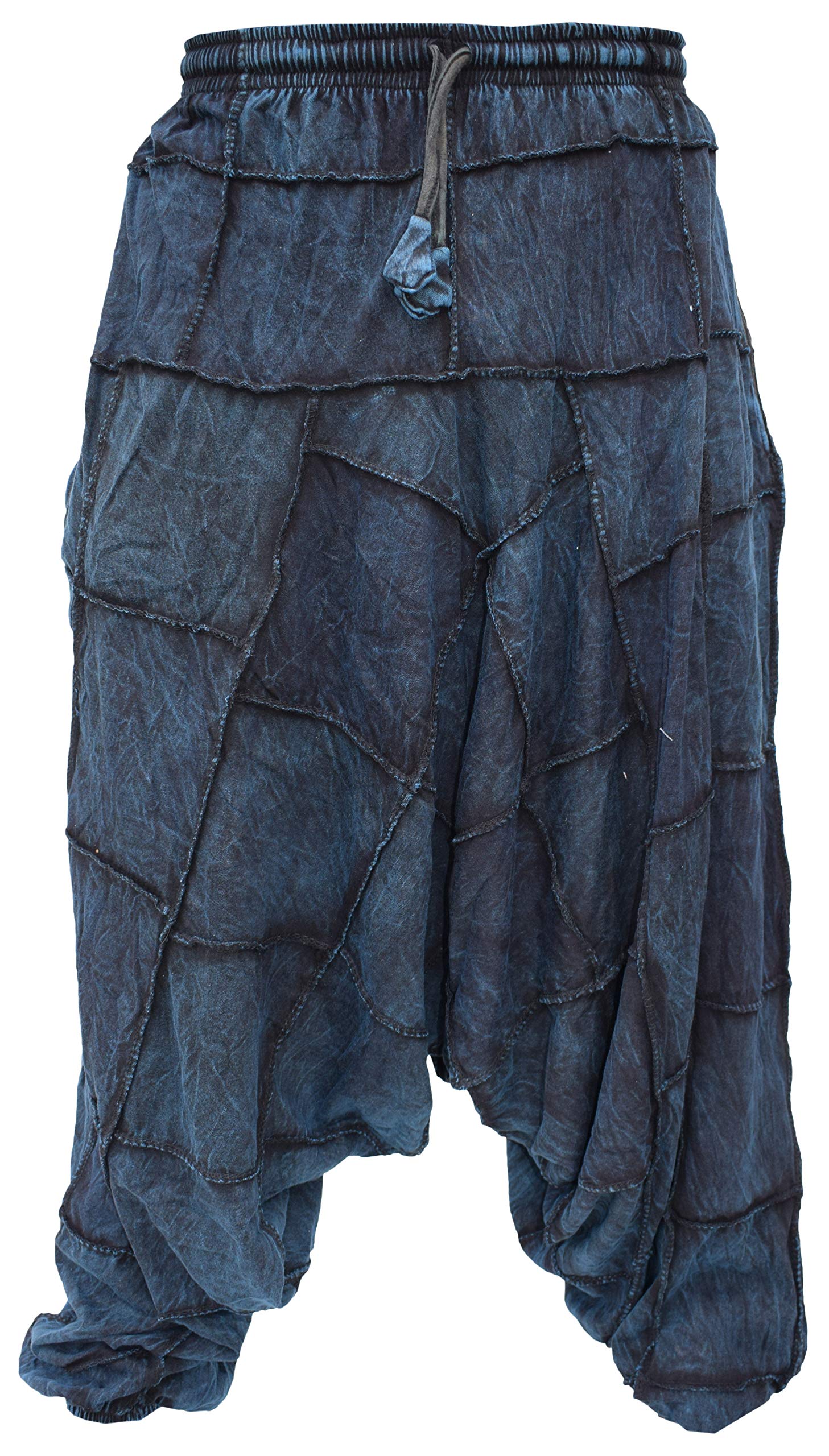 Gheri Men's Men's Light Cotton Drop Crotch Ninja Aladdin Genie Patchwork Harem Trousers Blue LXL