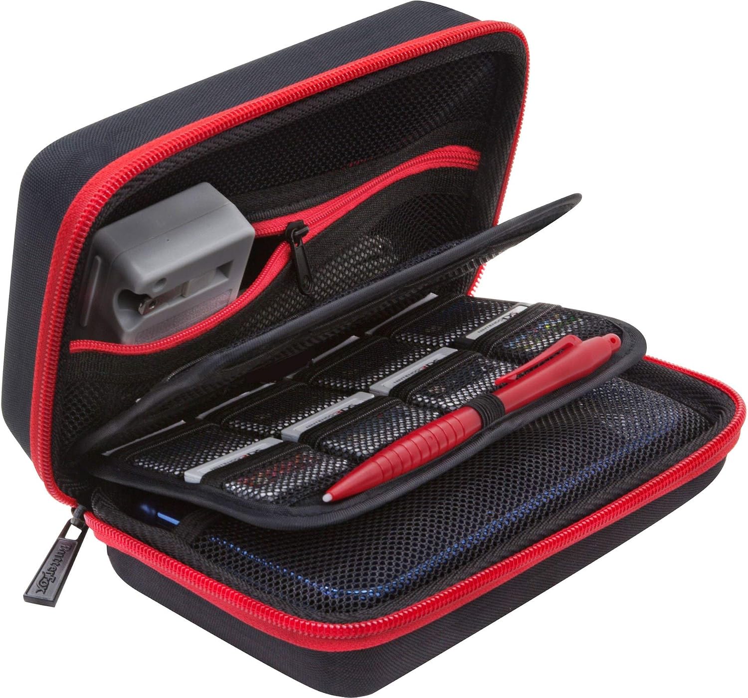 BRENDO New 2DS XL Case, 3DS XL Carry Case With 24 Game Cartridge Holders and Large Stylus - BLACK/RED