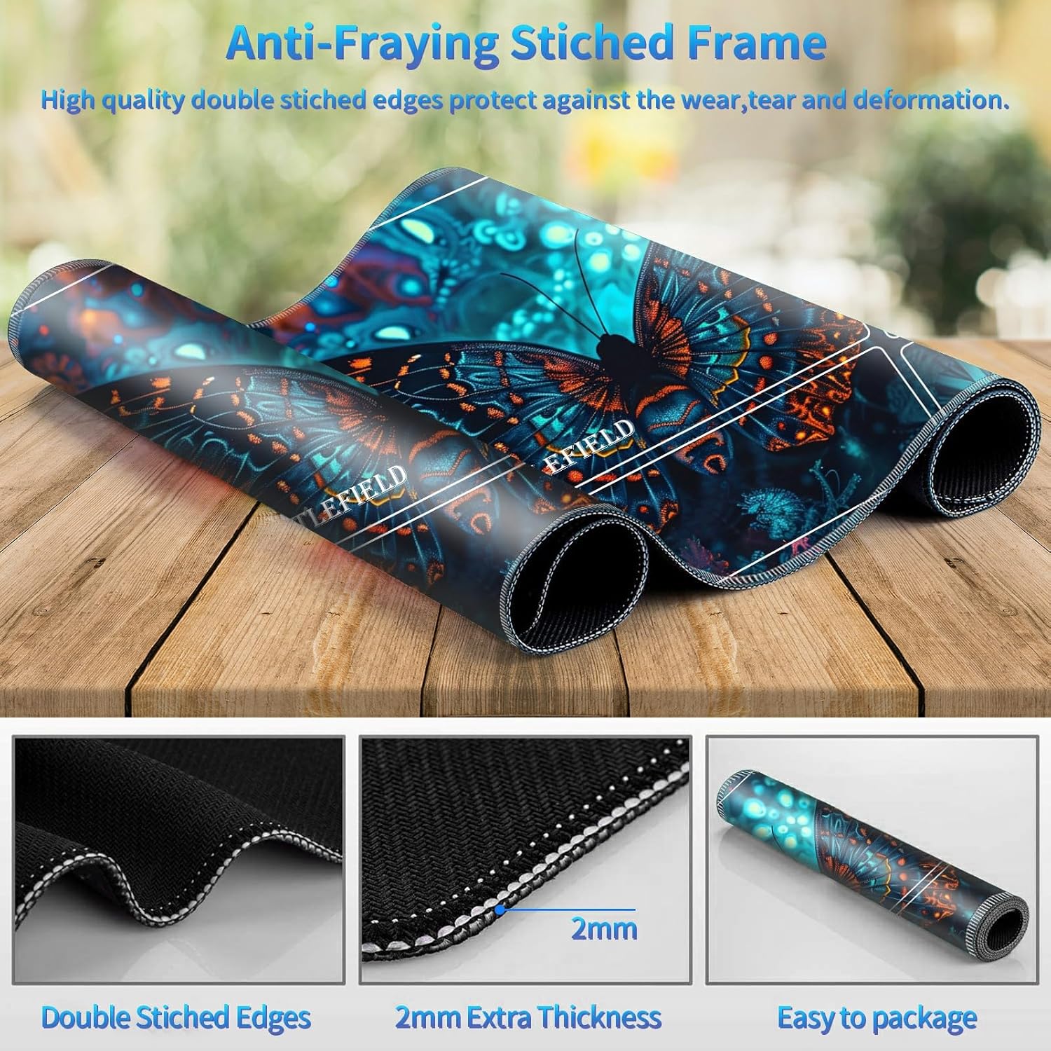 Playmat for MTG with Magic Zones, 24 x 14 inches Game Play Mat for MTG TCG, Trading Card Game Play Mat Desk Mats with Stitched Edges Non-Slip Base, Butterfly
