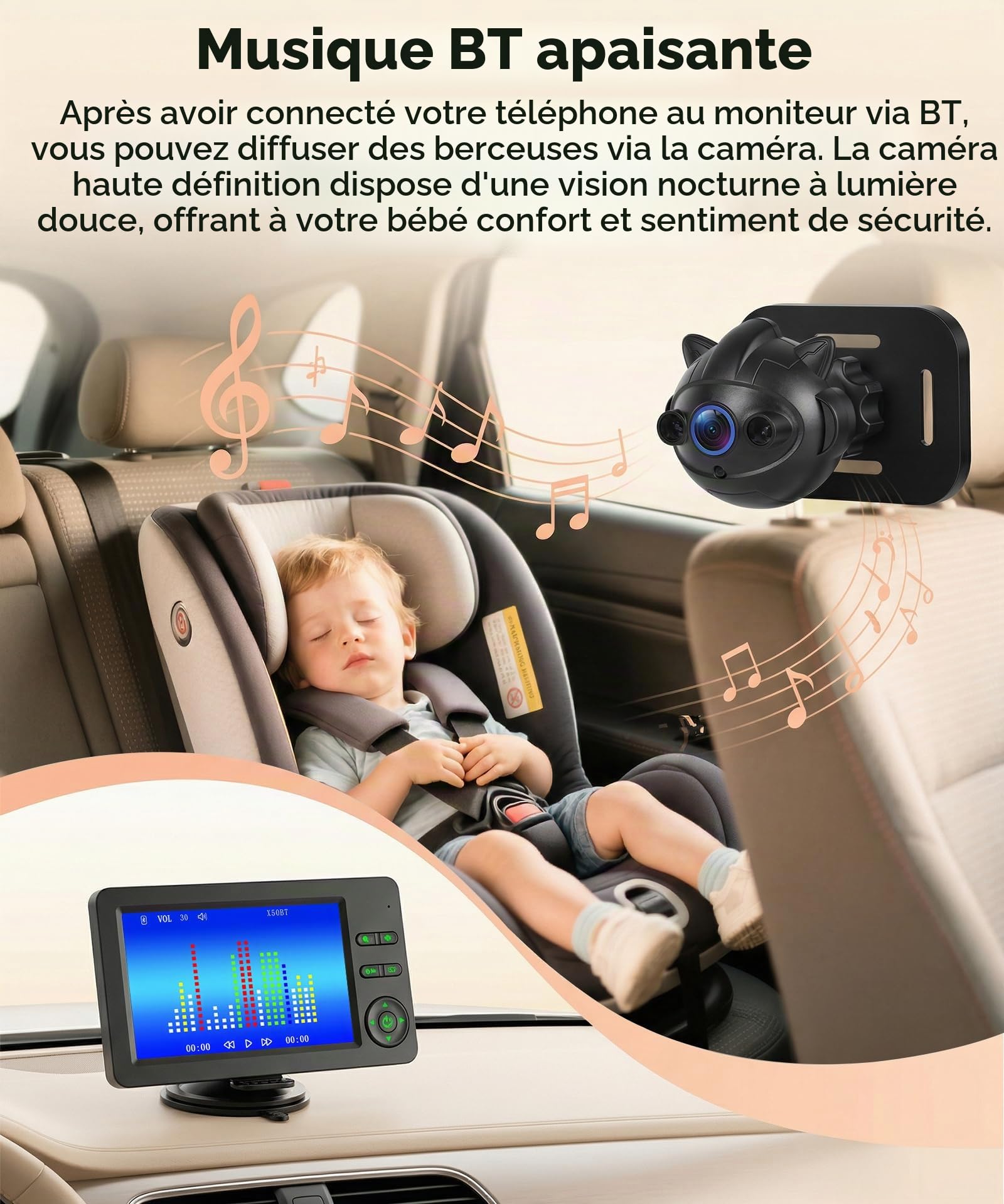 Rimoody Baby Caméra de Voiture pour Siège Arrière, Moniteur Miroir de Vue Arrière Bébé 4,3 Pouces IPS, Retroviseur Voiture Bebe Main Libre Bluetooth & Musique, Vision Nocturne, Lumières Sept Couleurs