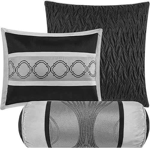 Miniatura 5 de Stratford Park Juego de edredón negro y plateado, 7 piezas, tamaño King, juego de ropa de cama a rayas para todas las estaciones