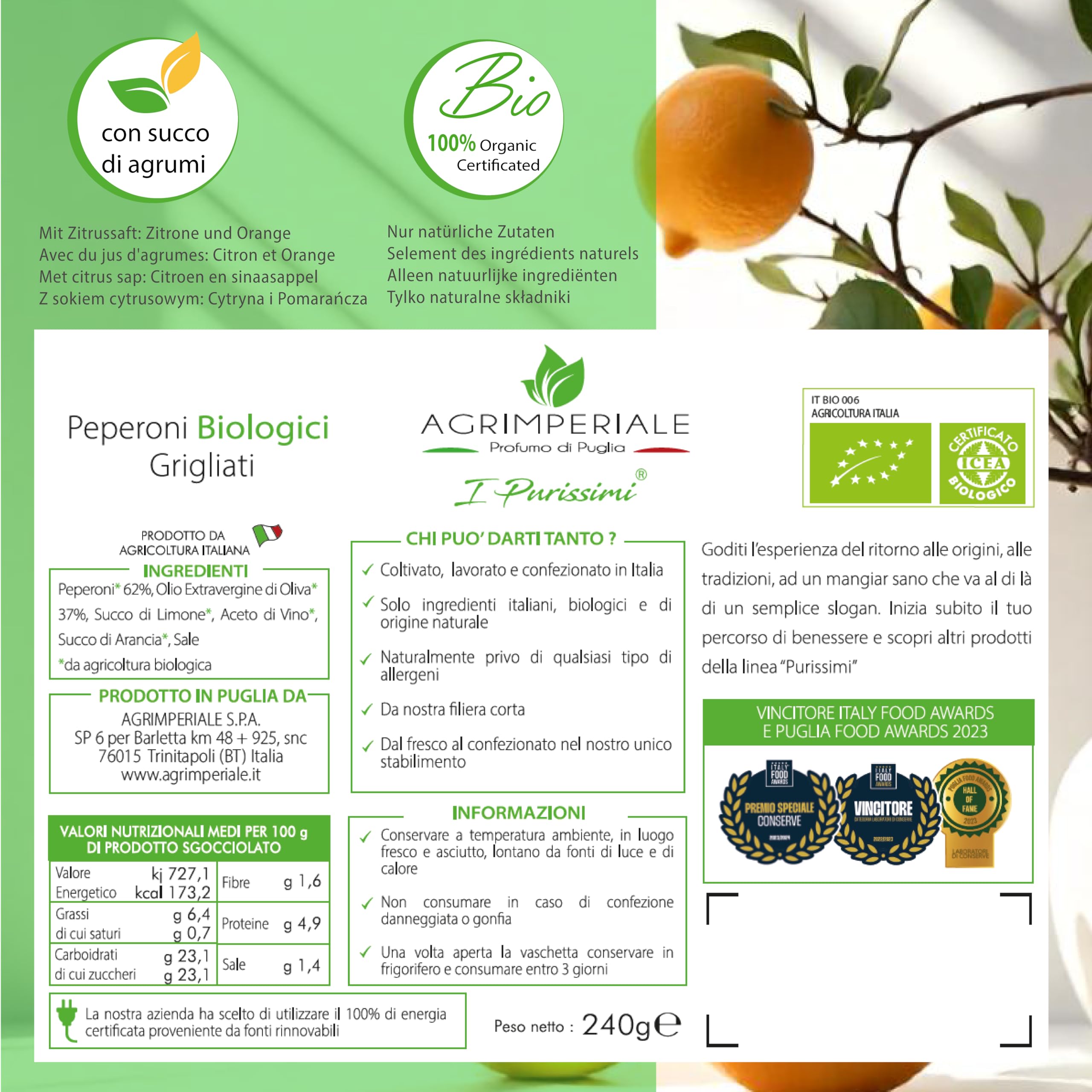 Peperoni Pugliesi Biologici Grigliati 3 pz 240 g - Linea "I Purissimi", solo ingredienti Biologici, Naturali e Italiani.
