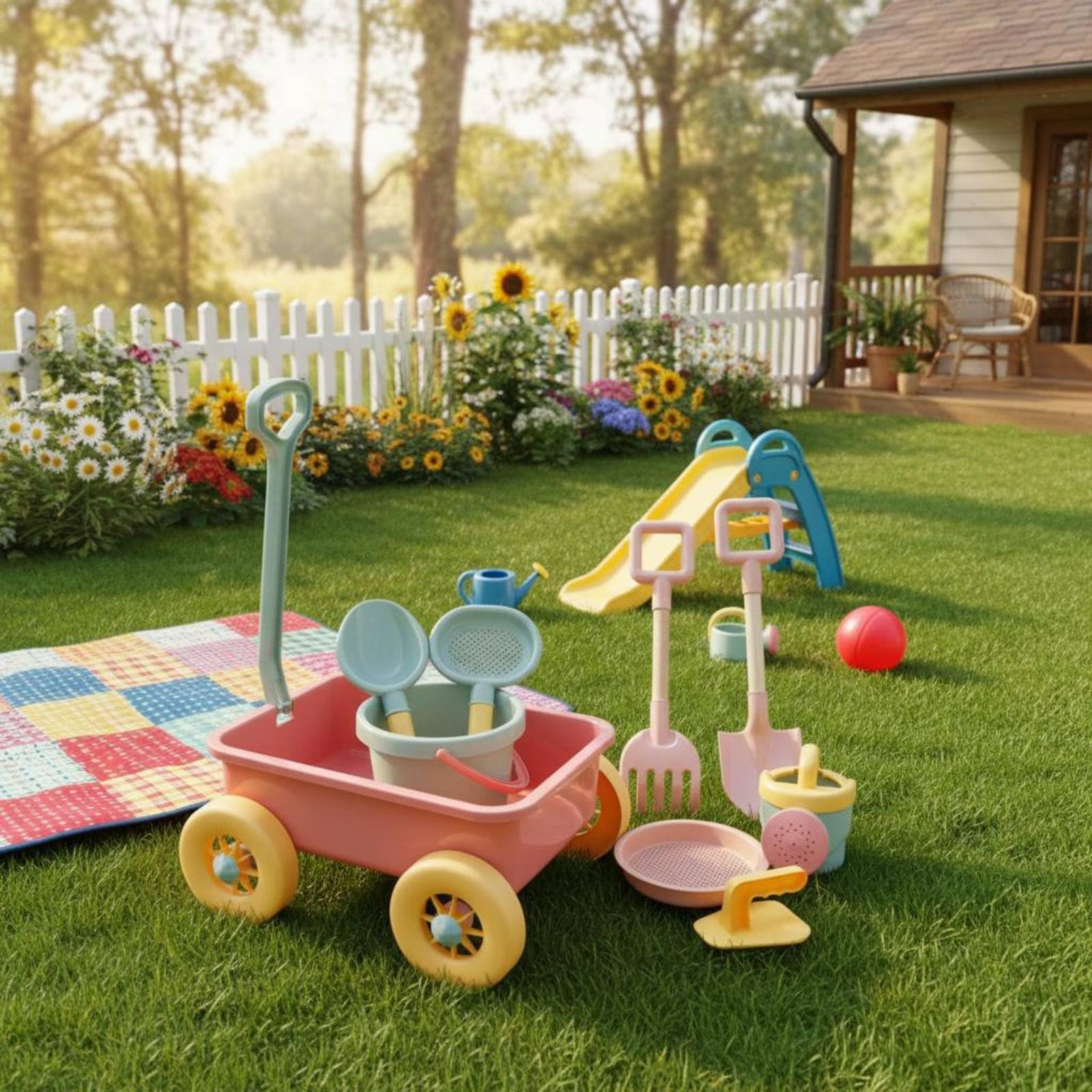 Kinder Sandwagen Handziehwagen Spielset Tragbarer Sandwagen Funktion für Sommerferien Gartenspielplatz, Koreanischer Originalstil, Olivgrün