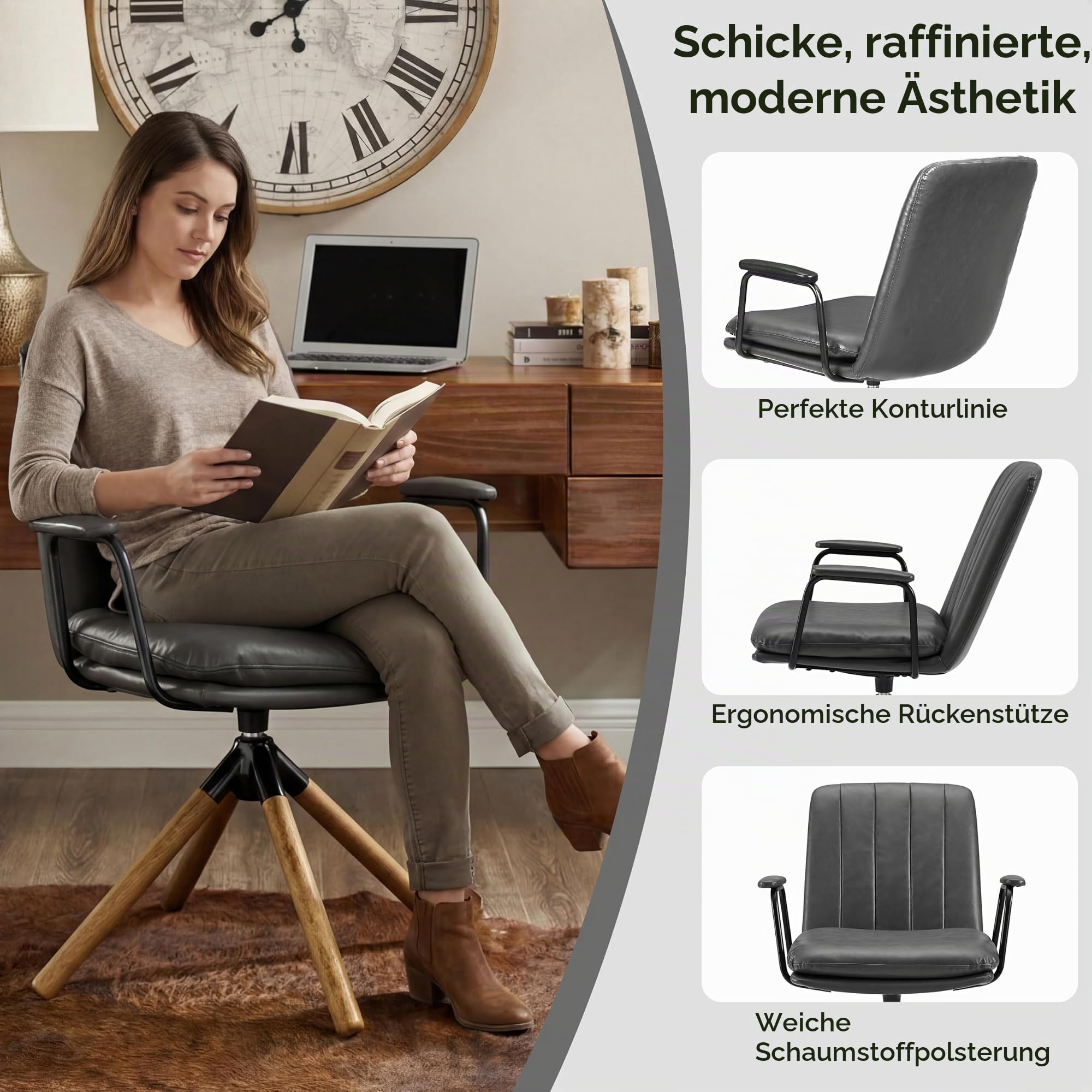 Zouron Esszimmerstühle Drehstuhl Grau - Küchenstuhl Kunstlederstuhl Polsterstuhl mit Armlehnen Sessel Eichenholzbeine Schreibstuhl Sessel Bürostuhl