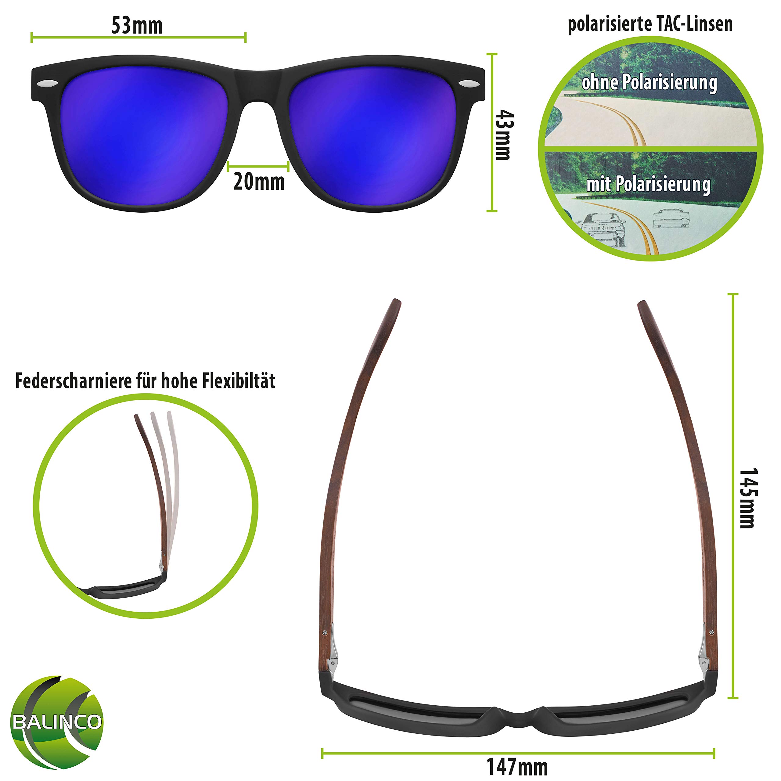 Balinco Set de gafas de sol de bambú mujer y hombre - con lentes TAC polarizadas para una visión intensa - sostenibles y duraderas - incl. un práctico estuche de regalo.