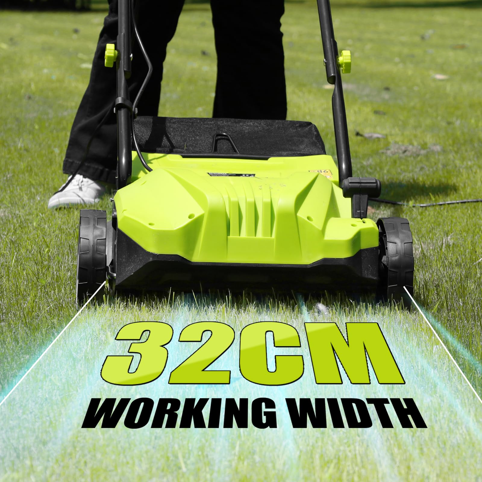 DEWINNER Escarificador eléctrico 2 en 1, aireador de césped 1500W, 32 cm de Ancho de Trabajo, Cesta de Recogida de 30 l, Ajustable en 4 Niveles de -12 Biz + 4 mm