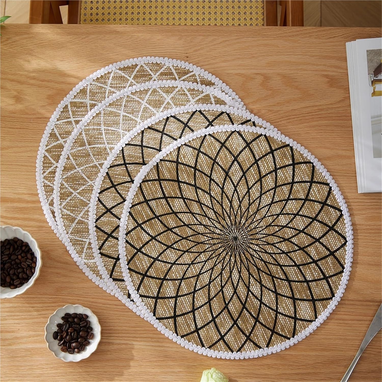 4/6/8/12pcs Round Jute Placemat Table Non-Slip Jute Mats for Dining Table Decoration Accessories Kitchen Placemats(White,12pcs)