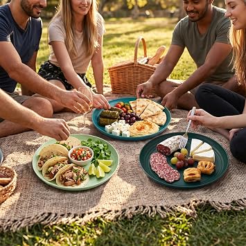 Plastic Plates and Bowls Sets - 16 Pcs Unbreakable Camping Picnic Dinner Plates and Bowls Set, Lightweight Plastic Dinnerware Set for 4, Dishwasher and Microwave Safe