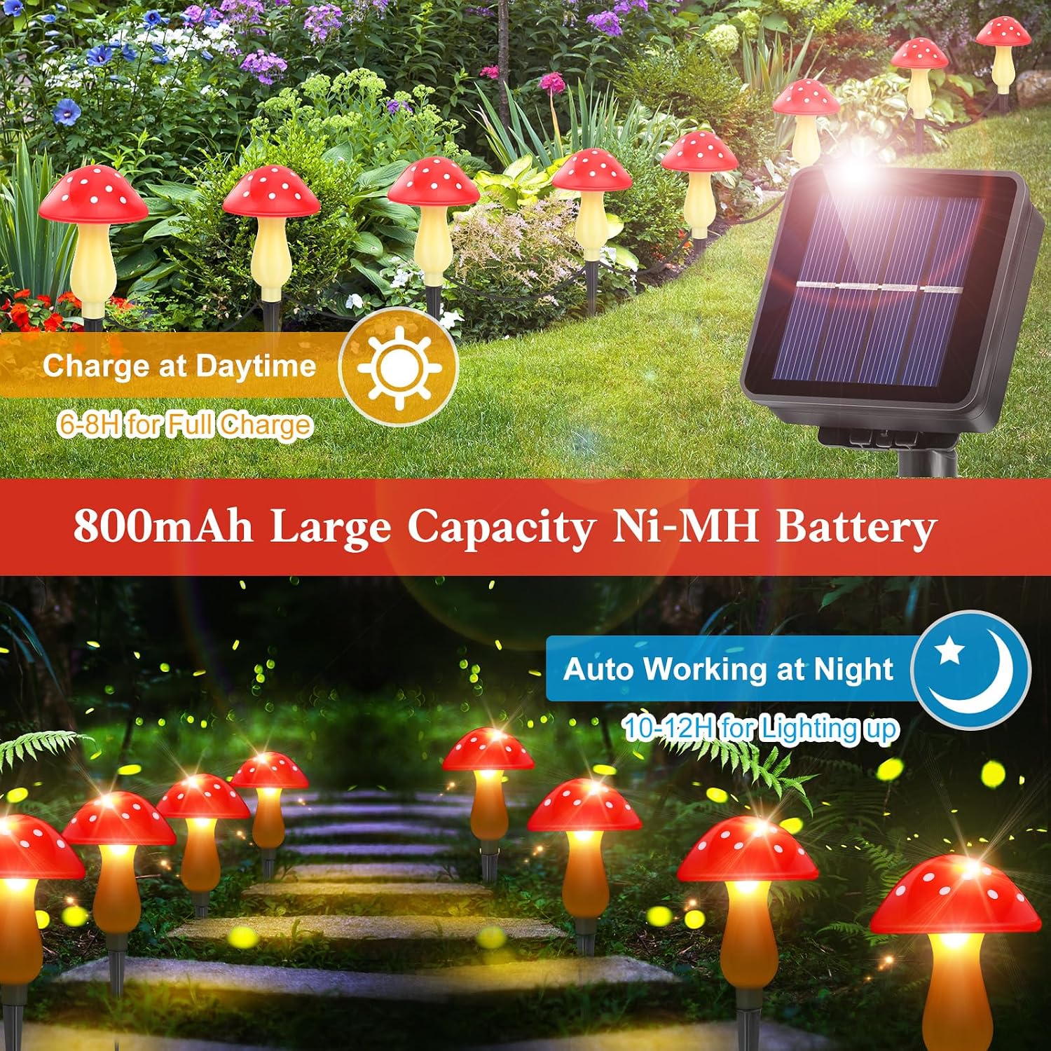 ReyeeInc Mushroom Solar Lights Outdoor Waterproof, Whimsical and Cute Solar Mushrooms Stake Lights for Outside with 8 Lights and 8 Modes for Fariy Garden Yard Lawn Path Planter Flower Bed Decor (Red)