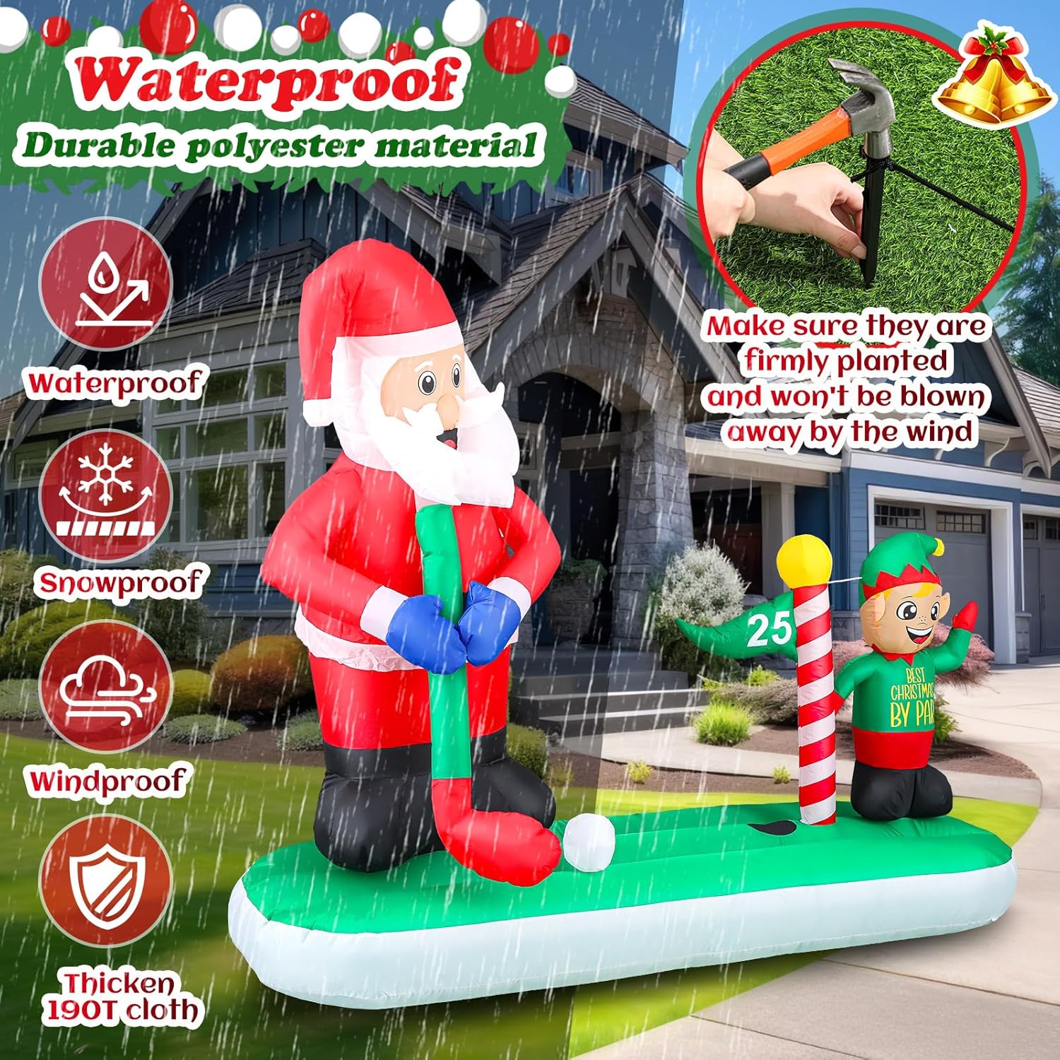 Realspring Large 5.6 FT x 6.7 FT Christmas Inflatable Santa Claus Elf Play Golf Decorations Inflatable Outdoor Christmas Decorations Built-in LED Lights Blow Up Yard for Outdoor Xmas Lawn