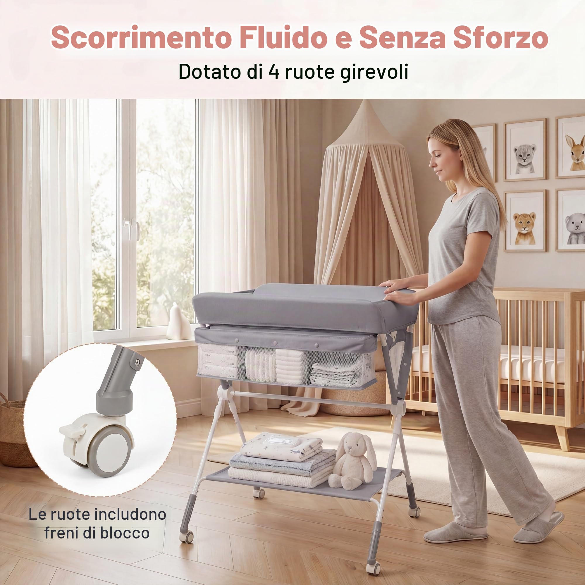 LIFEZEAL Fasciatoio Neonato, con Cestino Portaoggetti, Cintura di Sicurezza e Ruote, Regolabile in Altezza con Cesto Portaoggetti, per Bambini 0-12 Mesi, Portata 11 kg (grigio)