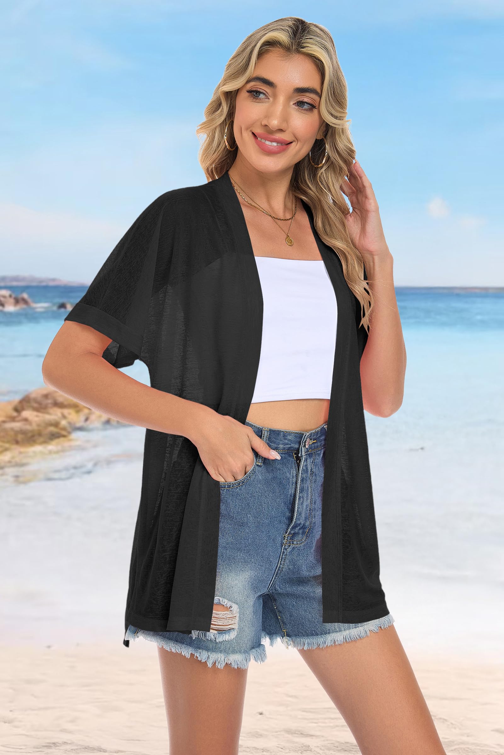 AUSELILY Damen Sommercardigan Strickjacken Strand Kurzarm Leicht Atmungsaktiv Überwurf Weich Offene Front Cardigans