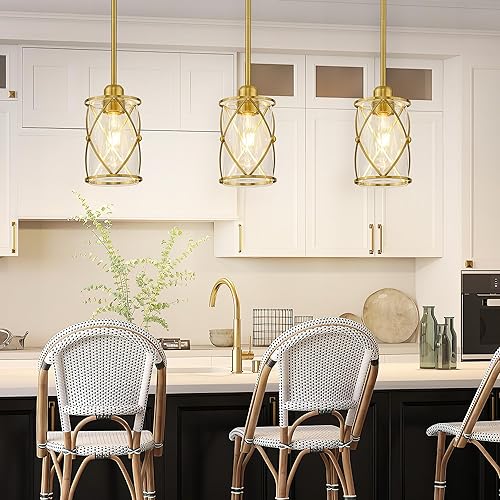 Miniatura 6 de CH9176BG-3PK - Luces colgantes de oro cepillado para isla de cocina, paquete de 3 unidades, iluminación colgante de cristal sobre la isla con