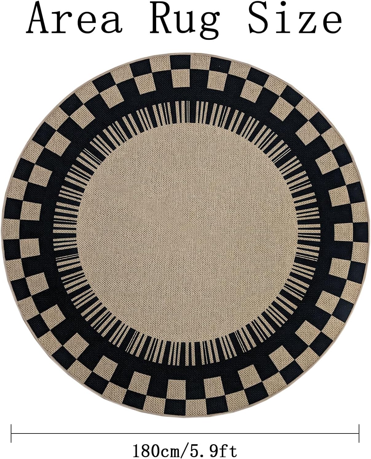 Modern Rug 6Ft Round Easy Jute Checkered Carpet for Outdoor Balcony, Farmhouse, Bedroom, Living Room, Kids Room, Circle Faux Jute Checkerboard, Nonslip, Washable, Thin, Neutral, Brown