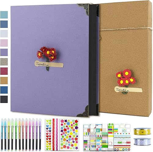 Vienrose Kit de álbum de fotos de bricolaje con bolígrafos, cintas y calcomanías, 60 páginas, tapa dura de 8.5 x 11 pulgadas, 3 anillos, papel negro
