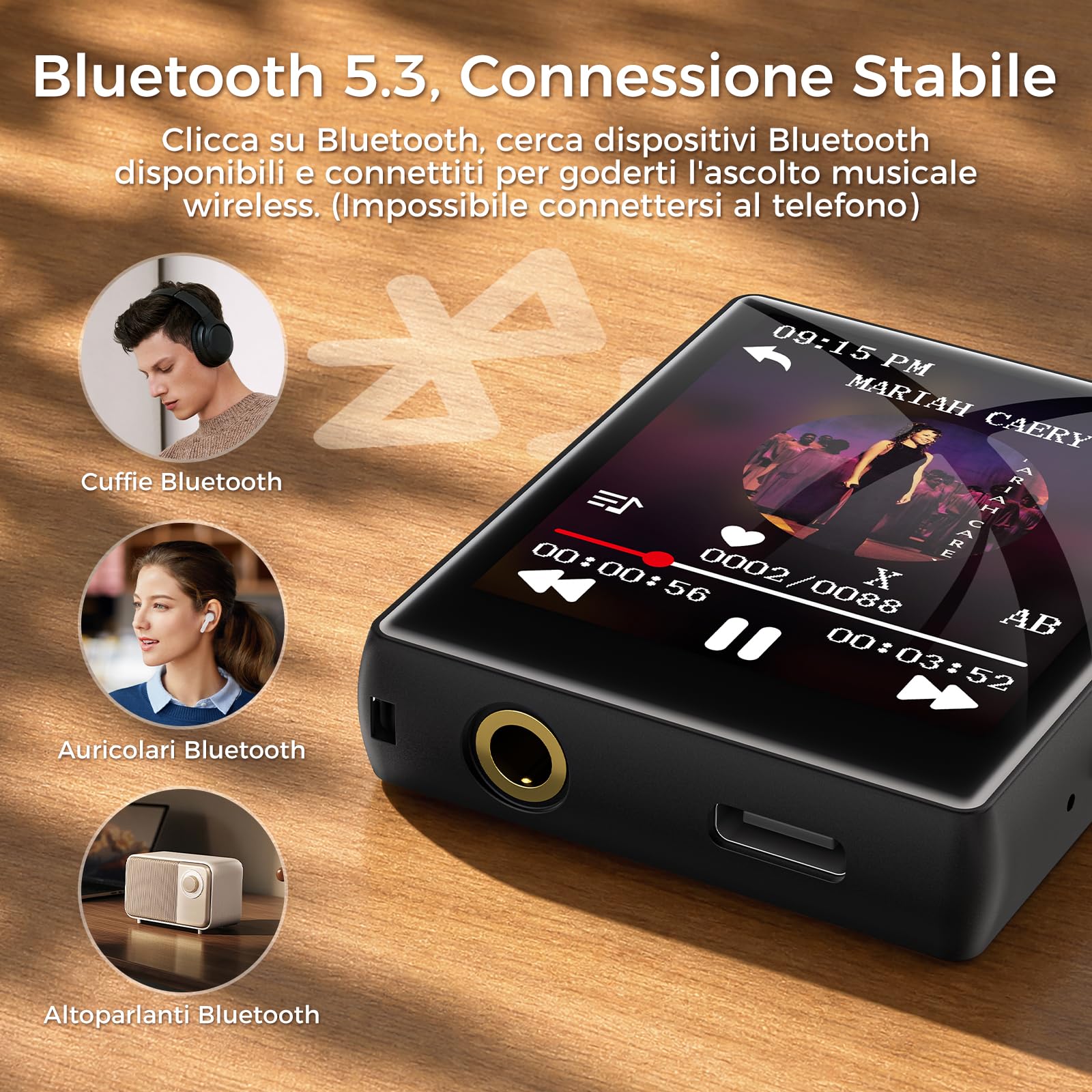 64GB Lettore MP3 con Bluetooth 5.3, lettore MP3 con touchscreen da 1,8 pollici e altoparlante, suono HiFi, radio FM, ebook, registratore, mini lettore musicale, fino a 128GB (nero, solo 55g)