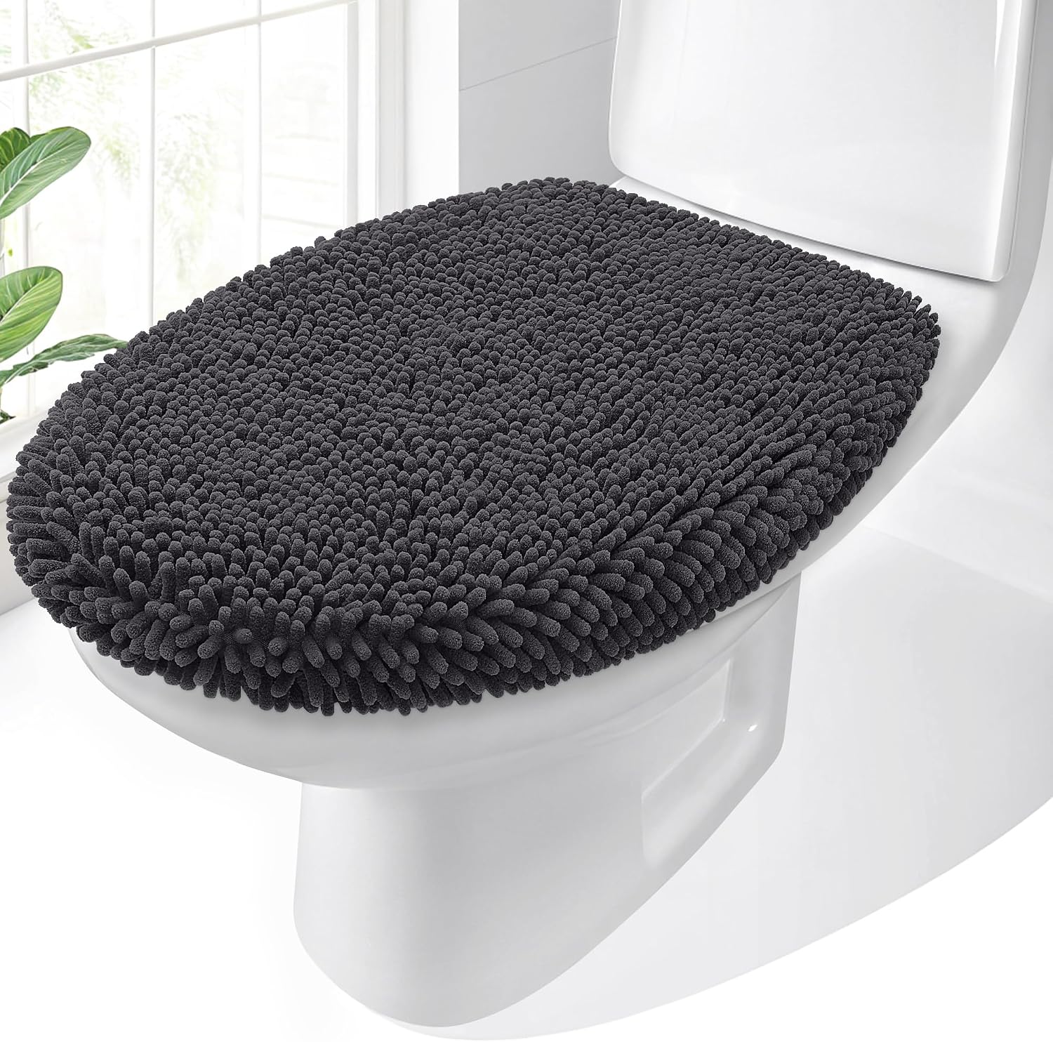 OLANLY Chenille Toilet Rugs U-Shaped and Bathroom Toilet Lid Cover, Bath Rug Size 24x20 and Lid Cover Size 17.5x15 in Dark Grey, 2 Item Bundle