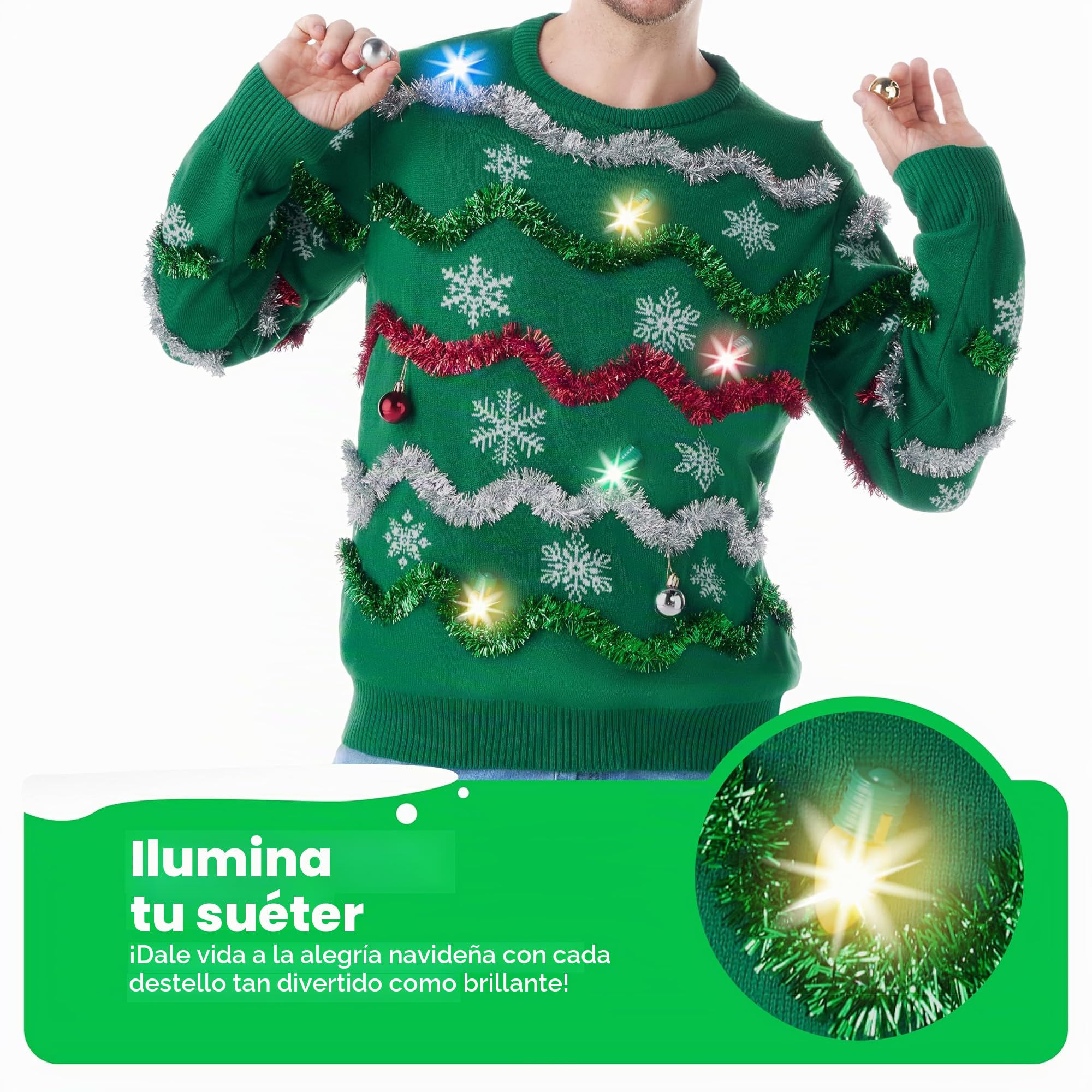 Giggling Getup Suéter feo de Navidad para hombre, suéter feo verde con luz LED, suéter feo de vacaciones para hombre