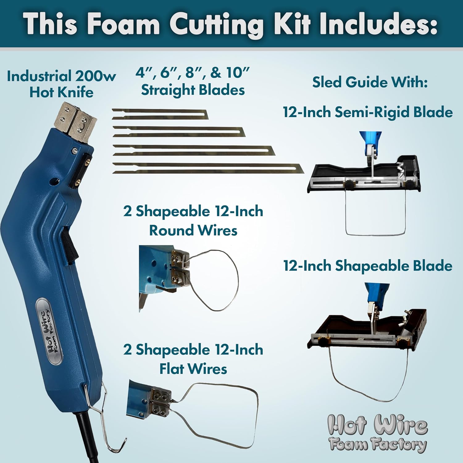Hot Wire Foam Factory Industrial Hot Knife Foam Cutting Kit | 45 Min Continuous Use | Variety of Cutting Blades, Bendable & Shapeable | Sled Guide Attachment | Cuts Styrofoam, EPS, XPS, & Polystyrene