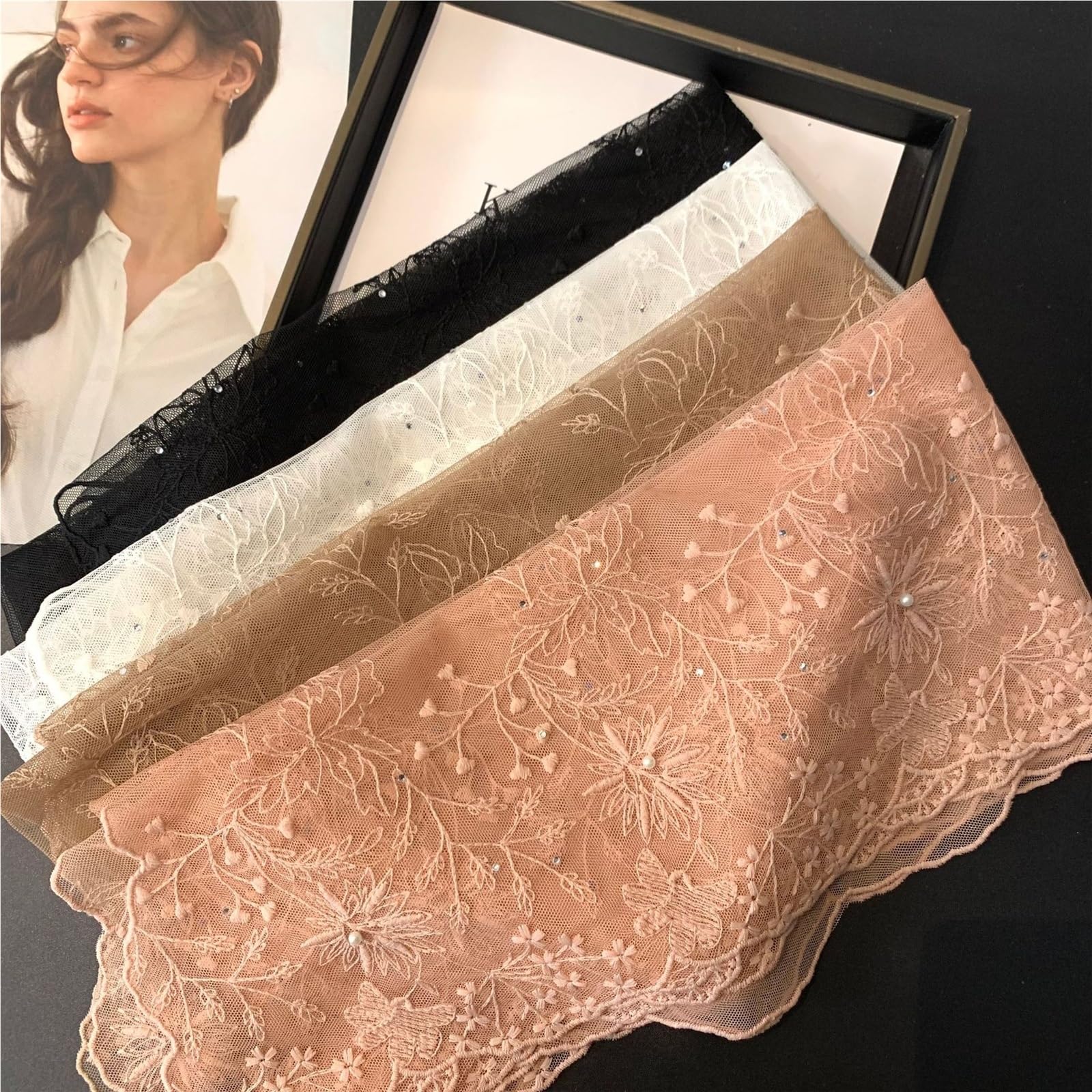 Bufanda de Seda for Mujer, pañuelo pequeño de Seda con Encaje, Diadema Bordada, pañuelo for la Cabeza, Cuello for Mujer, Primavera y Verano, Suave